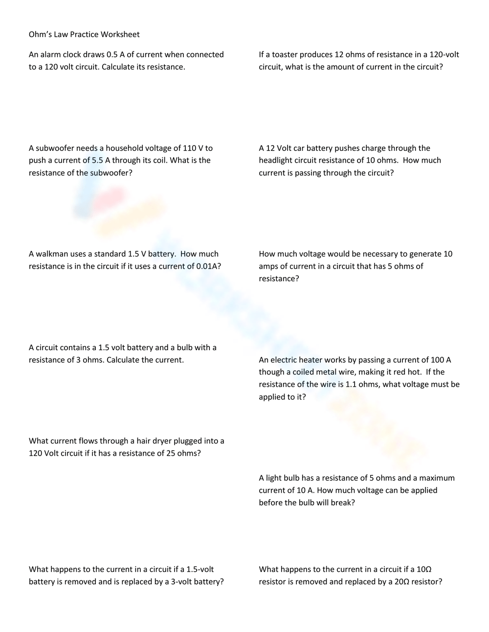 Printable Grade 9 Ohm s Law Worksheets