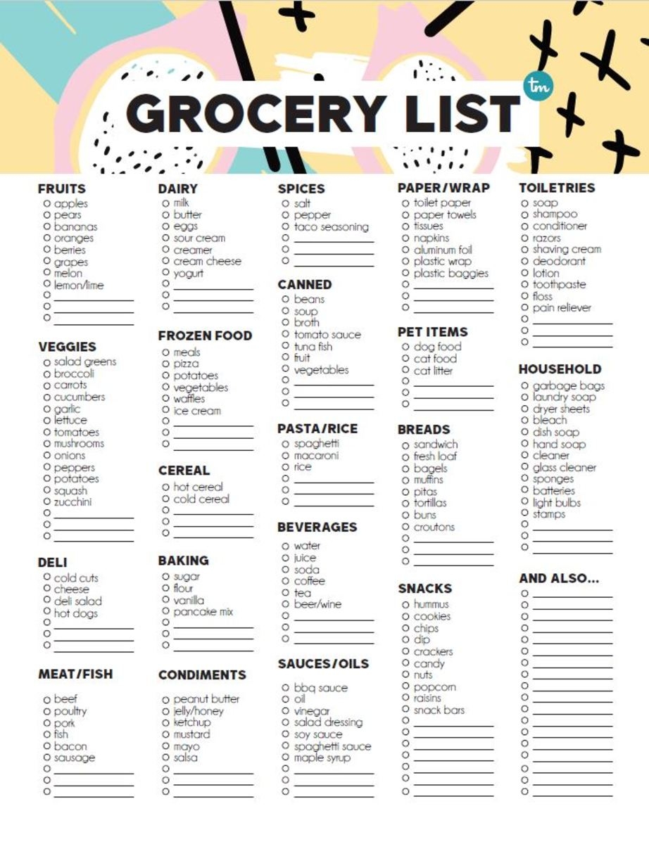 printable food shopping list