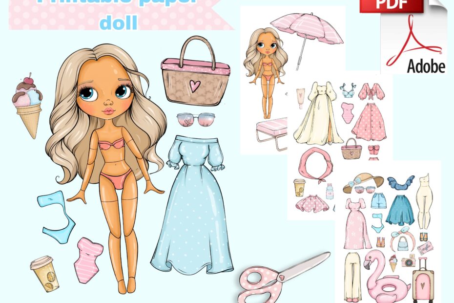 Printable Paper Doll Summer Blythe With Clothes Digital PDF Girly Busy Book Activity Dress Up Cut Out Doll Fashion Girl Template DIY Etsy