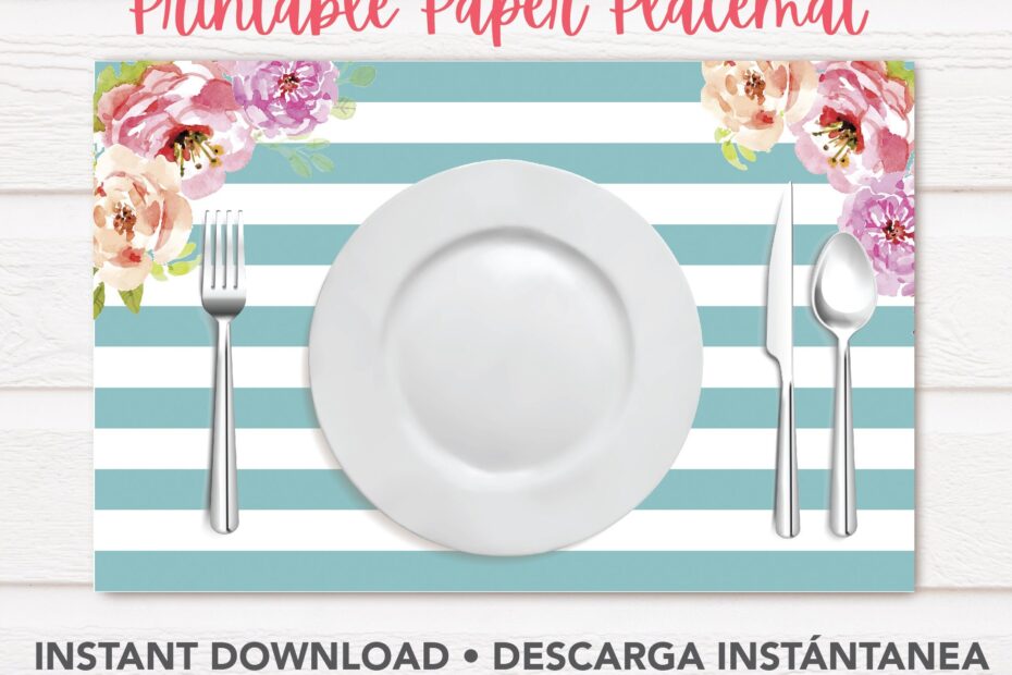 Printable Paper Placemat Teal Blue Stripes Pink Flowers Floral Paper Placemats Vintage Placemats Elegant Placemats Floral Place Mats Etsy