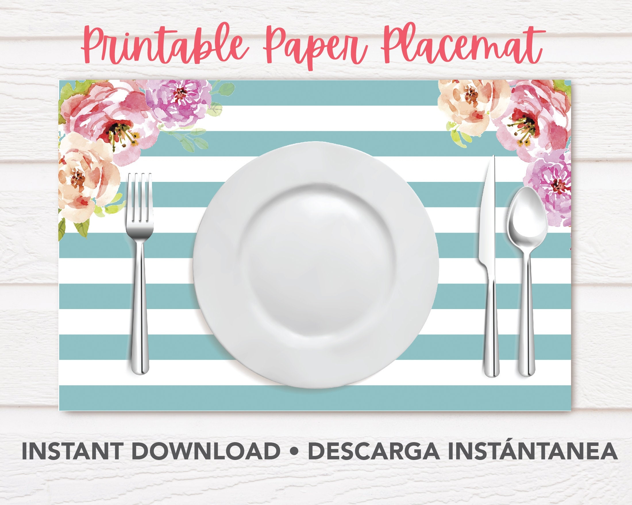 Printable Paper Placemat Teal Blue Stripes Pink Flowers Floral Paper Placemats Vintage Placemats Elegant Placemats Floral Place Mats Etsy