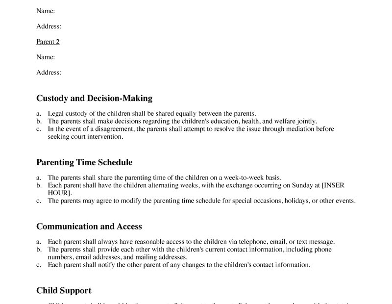 Printable Parenting Plan Template PDF U0026 Word LawDistrict