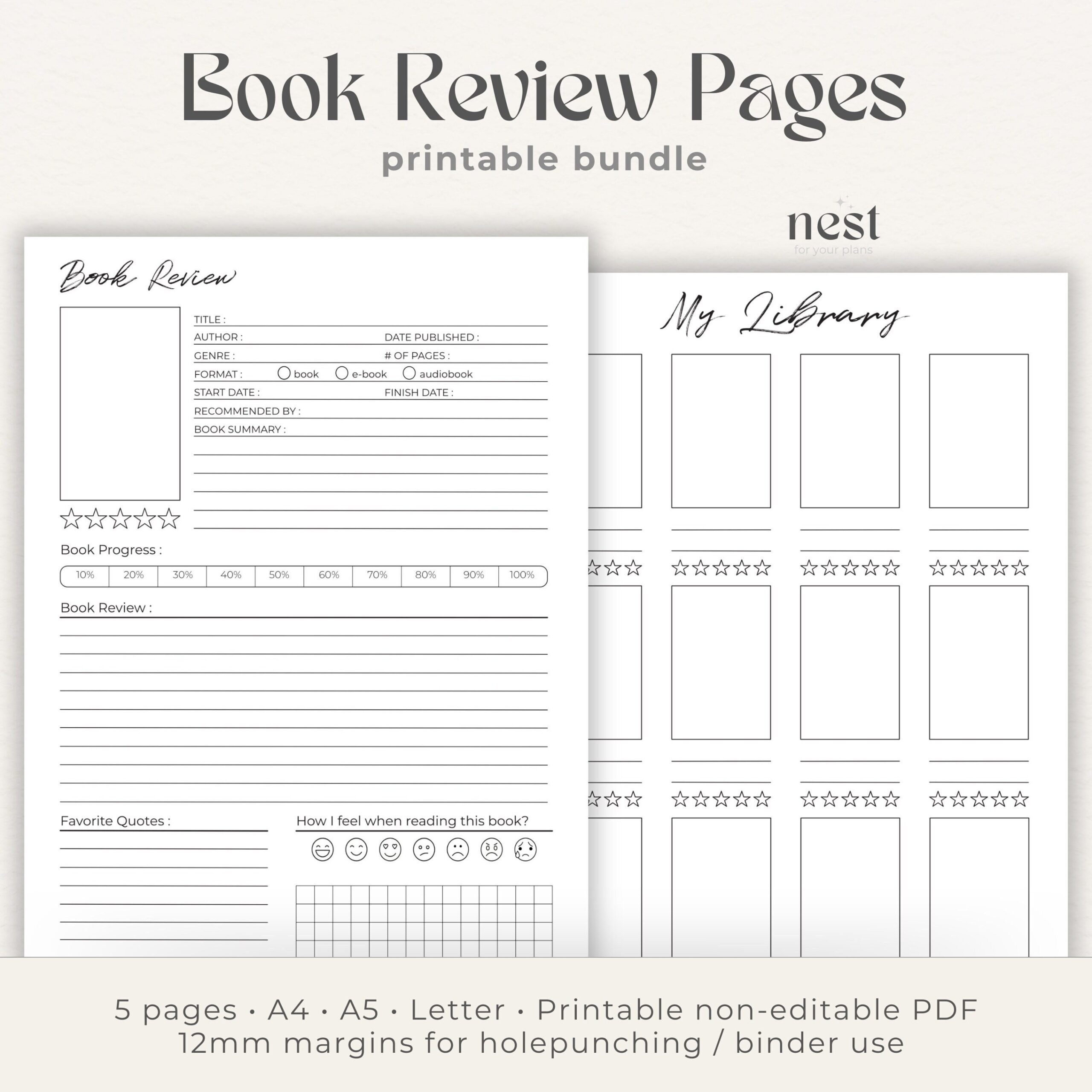 Printable Reading Journal Minimal Book Review Page PDF Book Planner Binder Reading Tracker A4 A5 Letter Instant Download Etsy