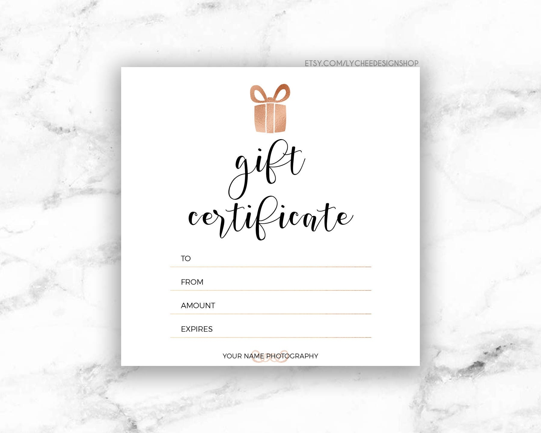 Printable Rose Gold Gift Certificate Template Editable Photography Studio Gift Card Design Photoshop Template PSD INSTANT DOWNLOAD