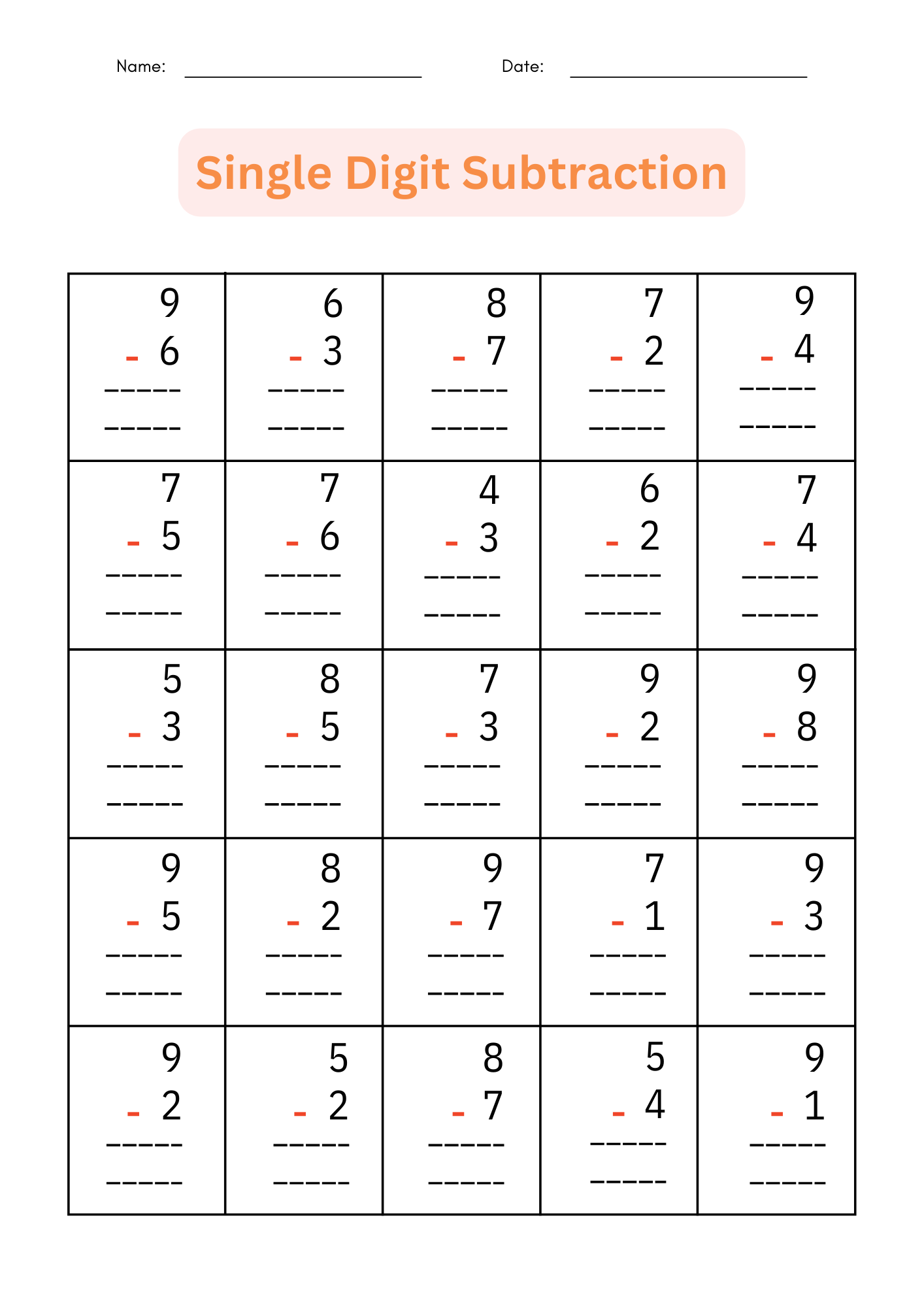 Printable Single Digit Subtraction 1 To 10 Number Math Worksheets 