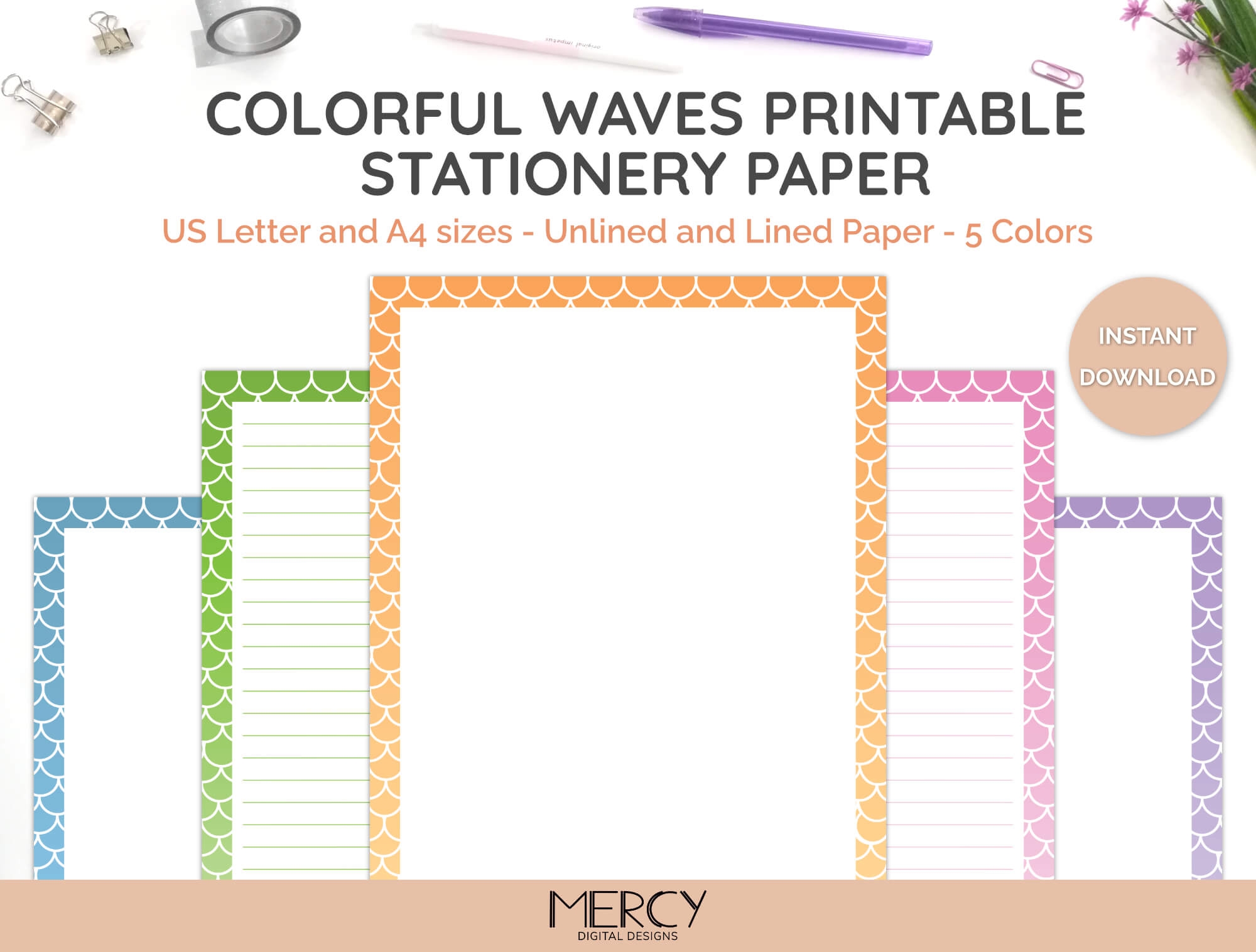 Printable Stationery Borders Paper Colorful Waves Mercy Digital Designs