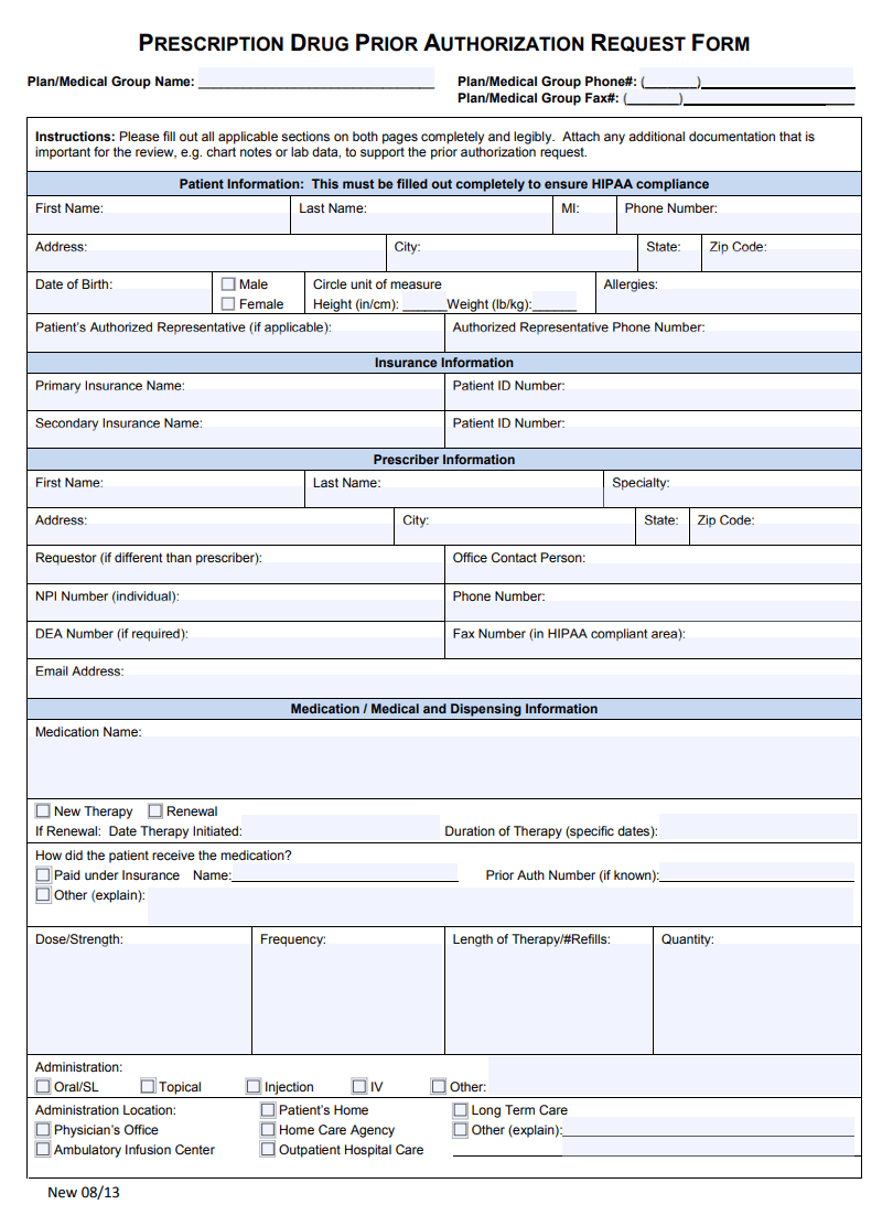 Prior Authorization Form Free Word Templates