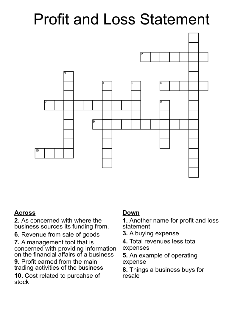 Profit And Loss Statement Crossword WordMint