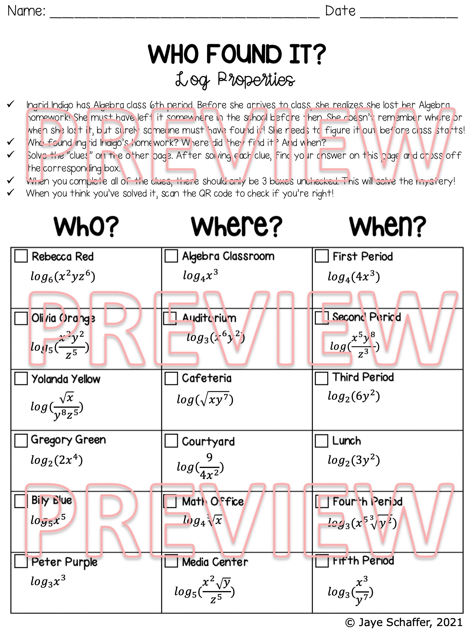 log properties worksheet