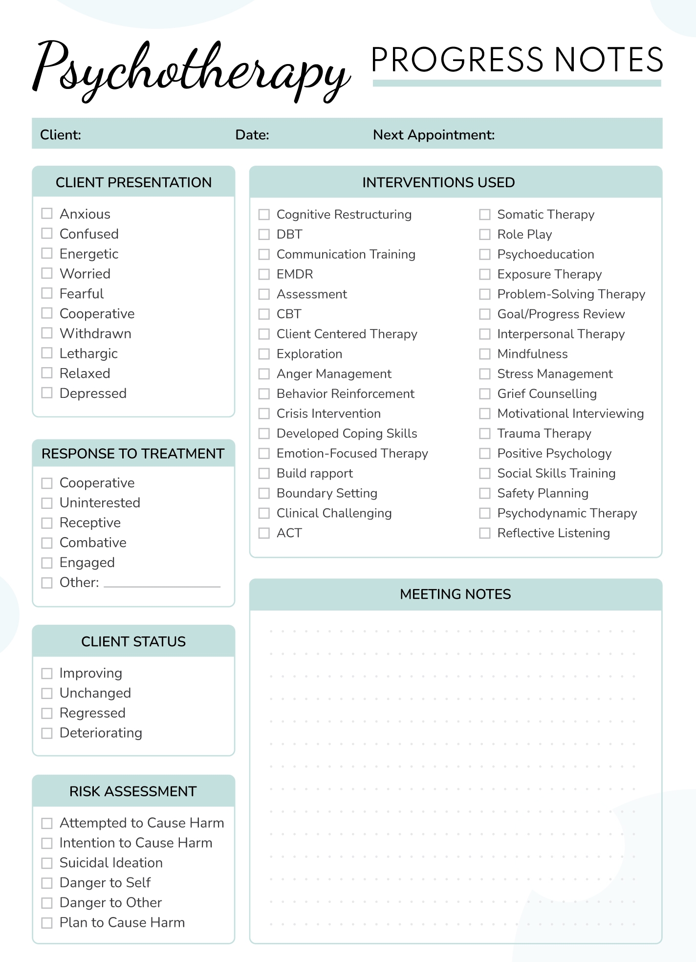 Psychotherapy Progress Notes Free Google Docs Template Gdoc io