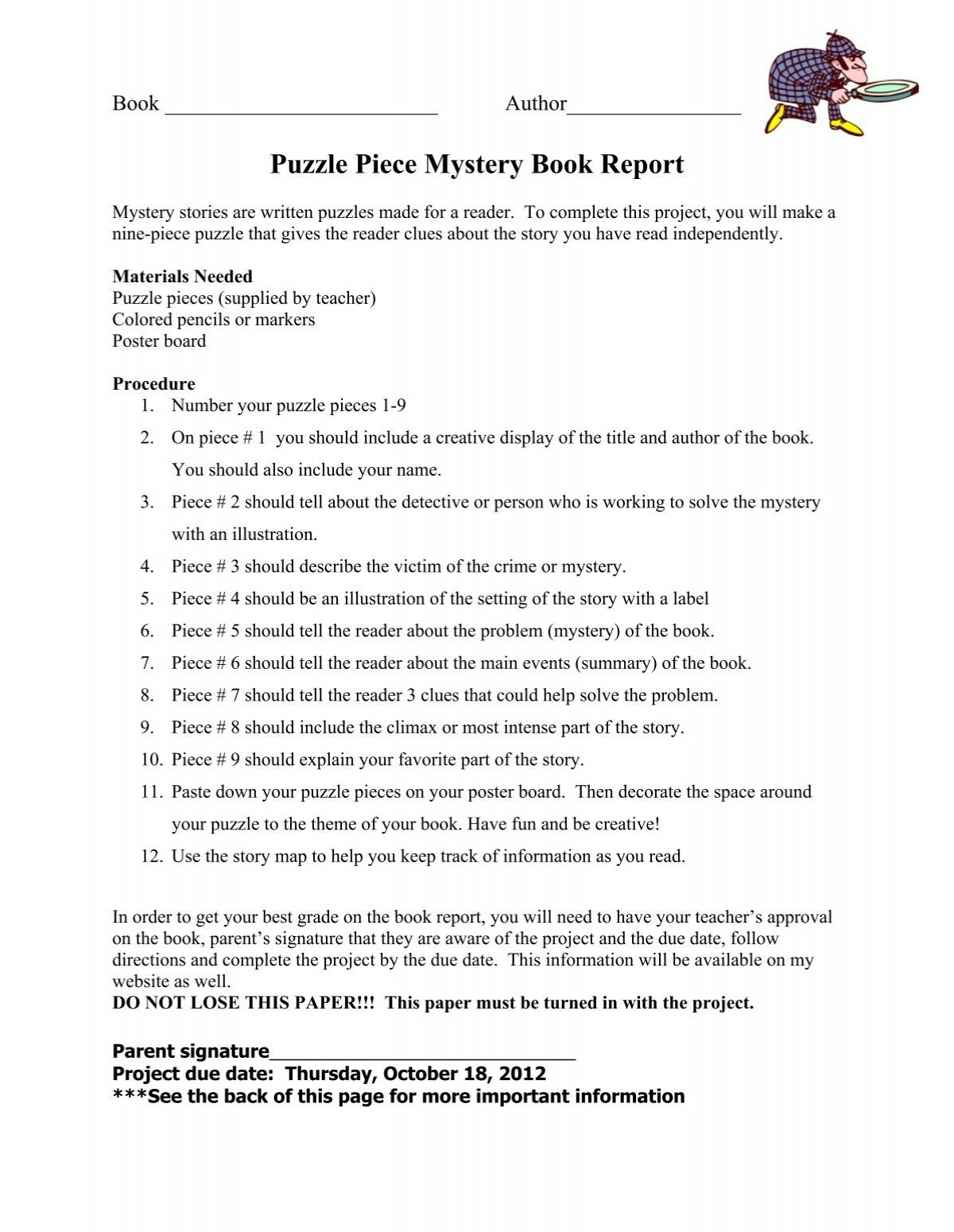 Puzzle Piece Mystery Book Report