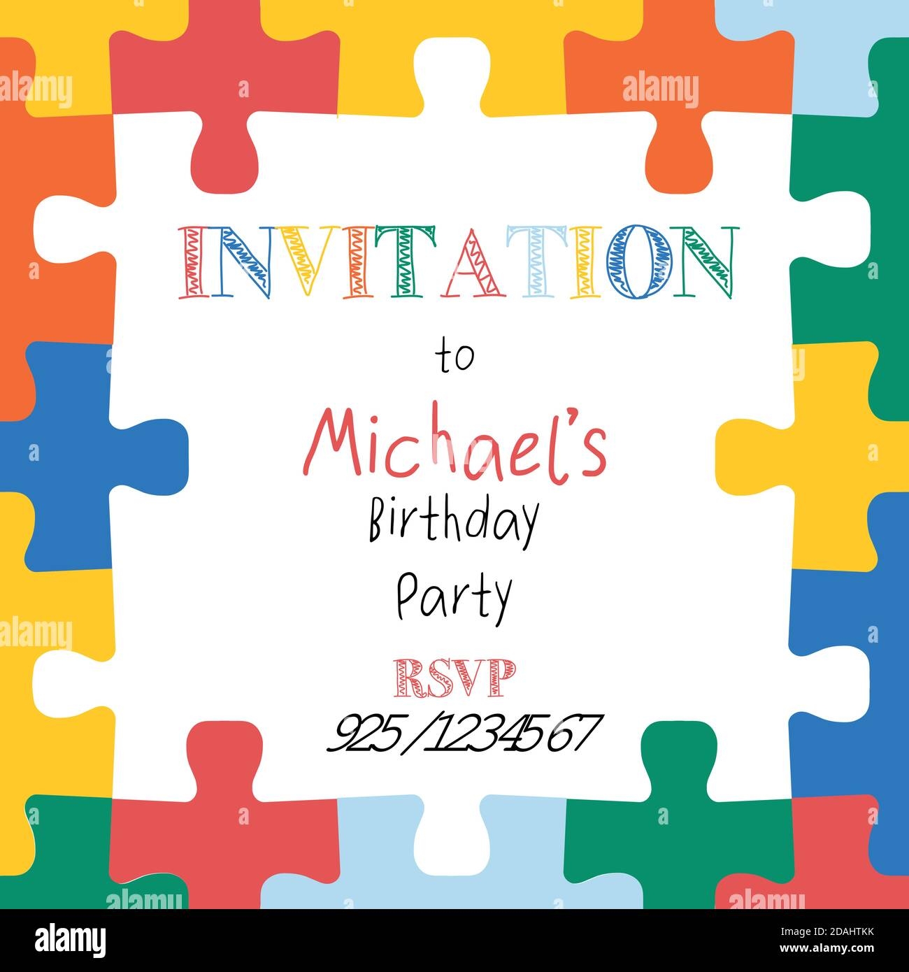 Puzzle Pieces Border Frame Square Kids Invitation Template Hand 
