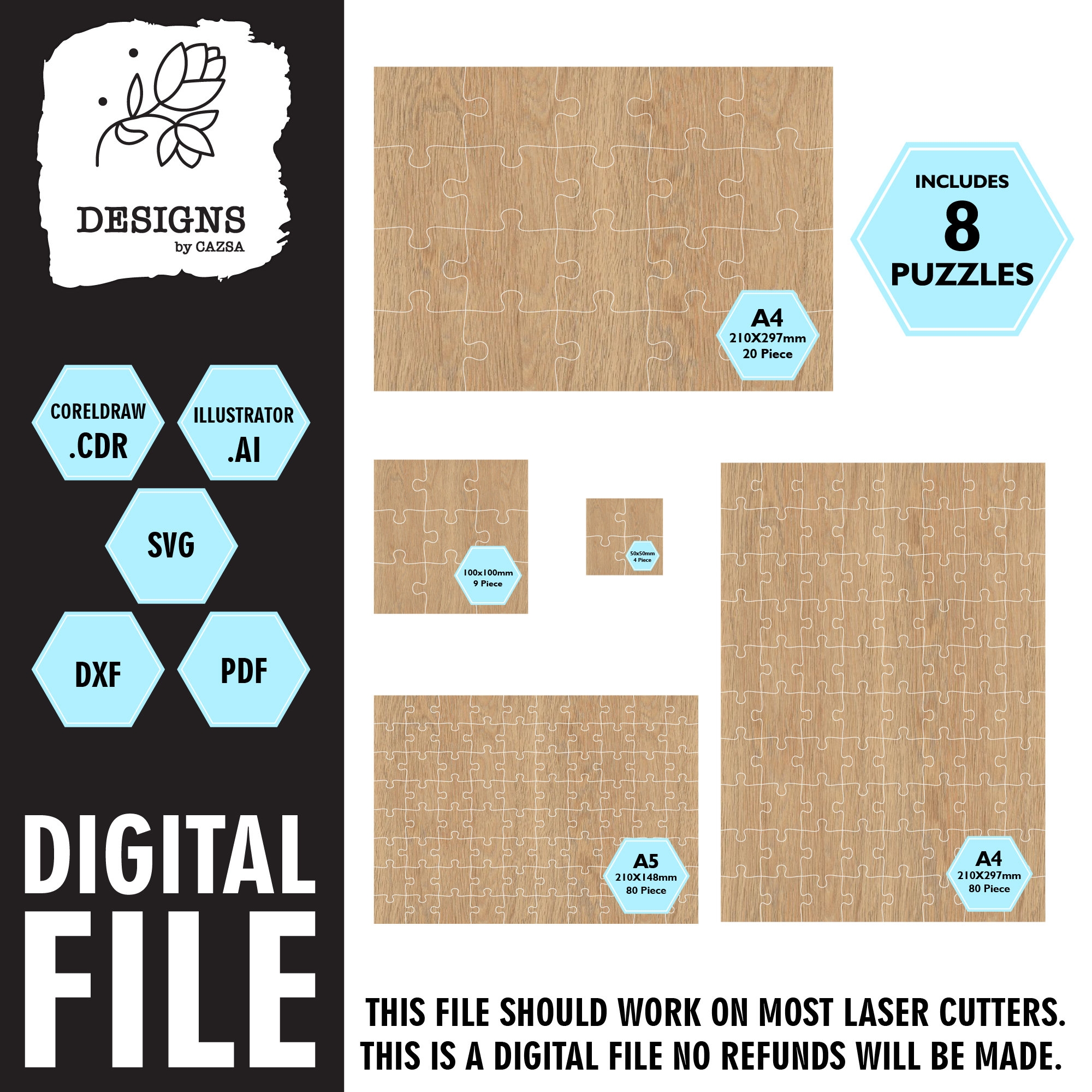 Puzzles A4 A5 200x200 100x100 50x50 Glowforge Laser Cut Templates Laser Cut Files Puzzle Template svg 8 Piece Digital Download Etsy