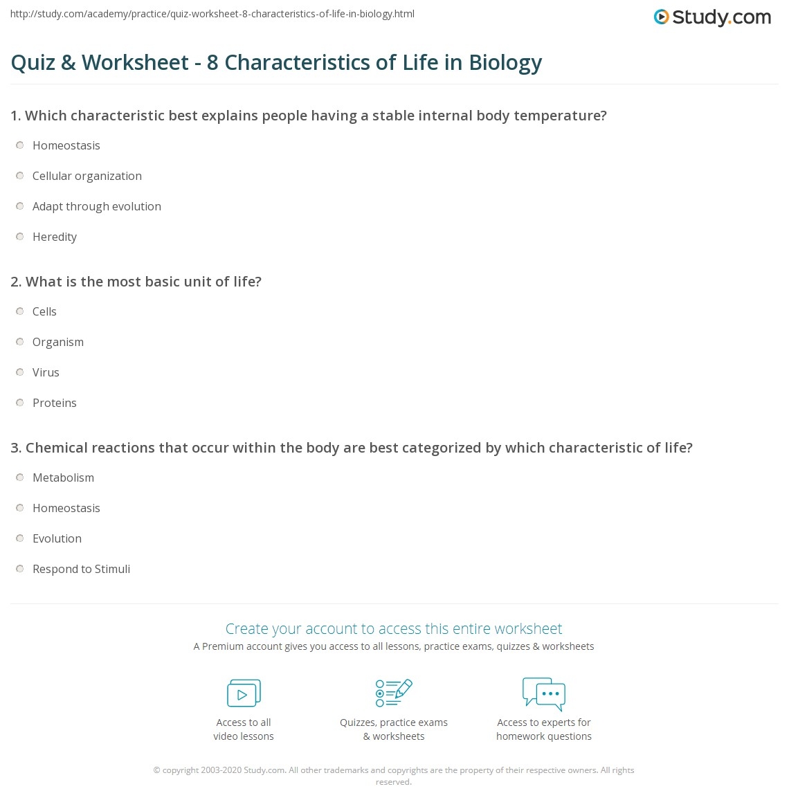 characteristics of life worksheet
