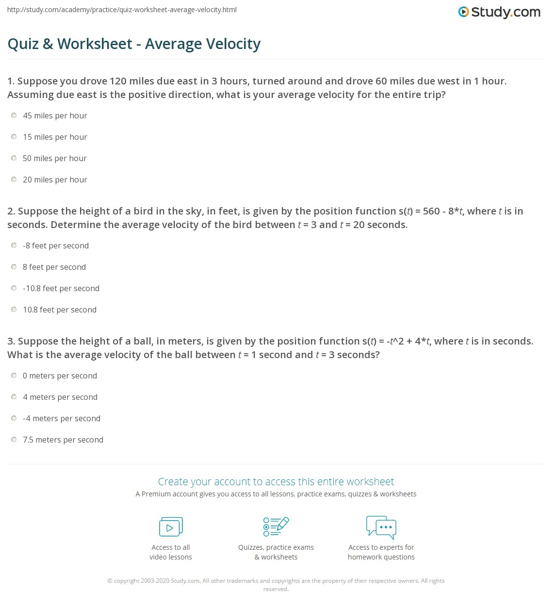 Quiz U0026 Worksheet Average Velocity Study