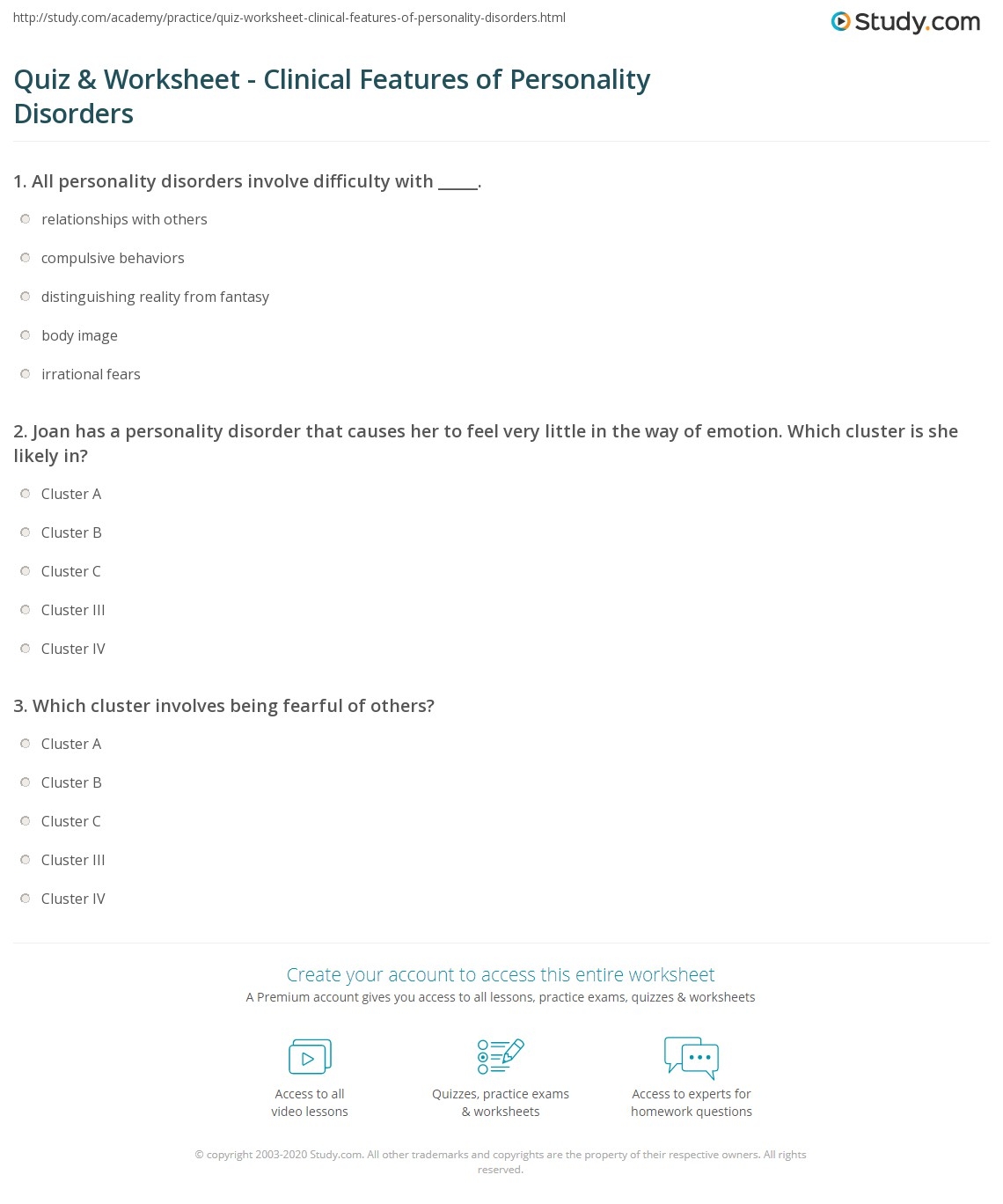 Quiz U0026 Worksheet Clinical Features Of Personality Disorders 