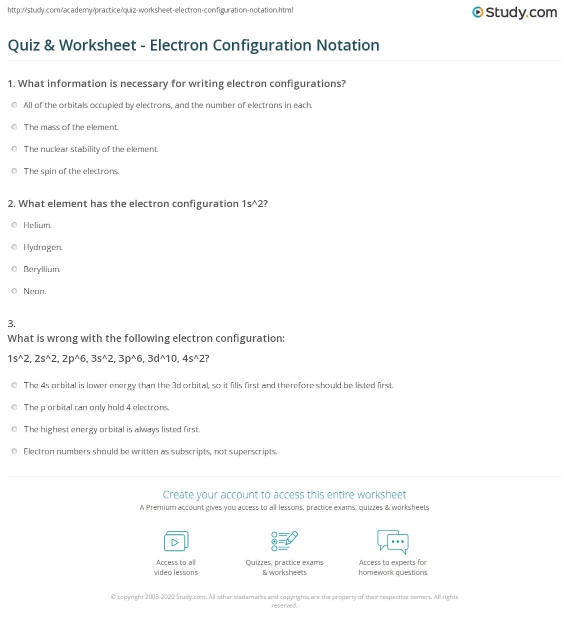 electron configuration worksheet practice