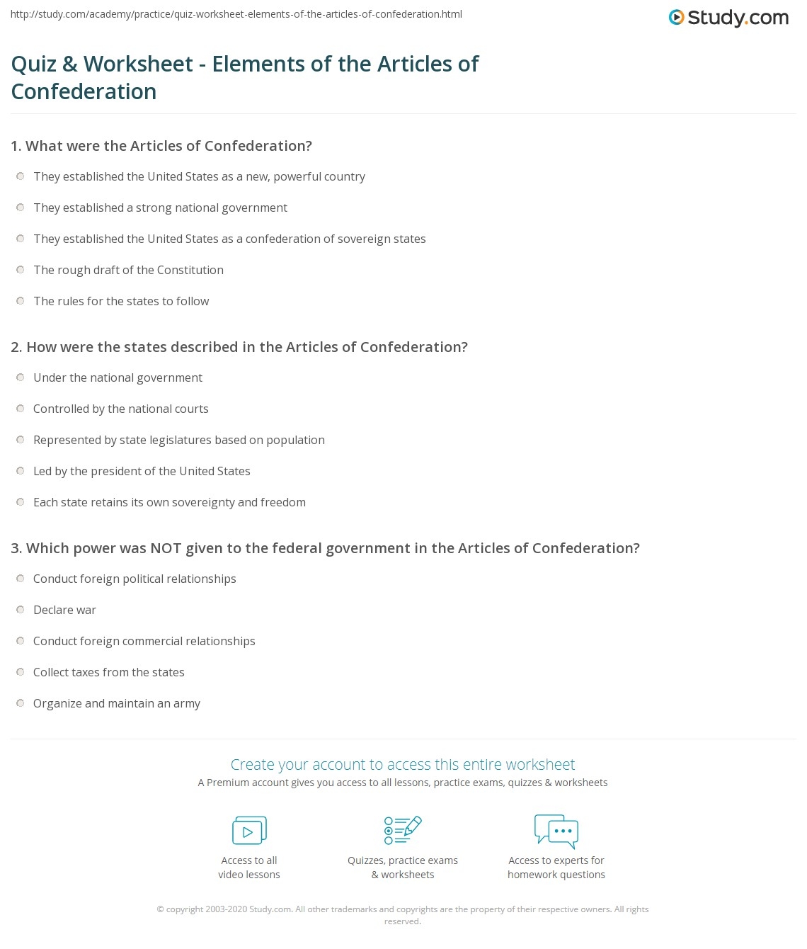 Quiz U0026 Worksheet Elements Of The Articles Of Confederation Study