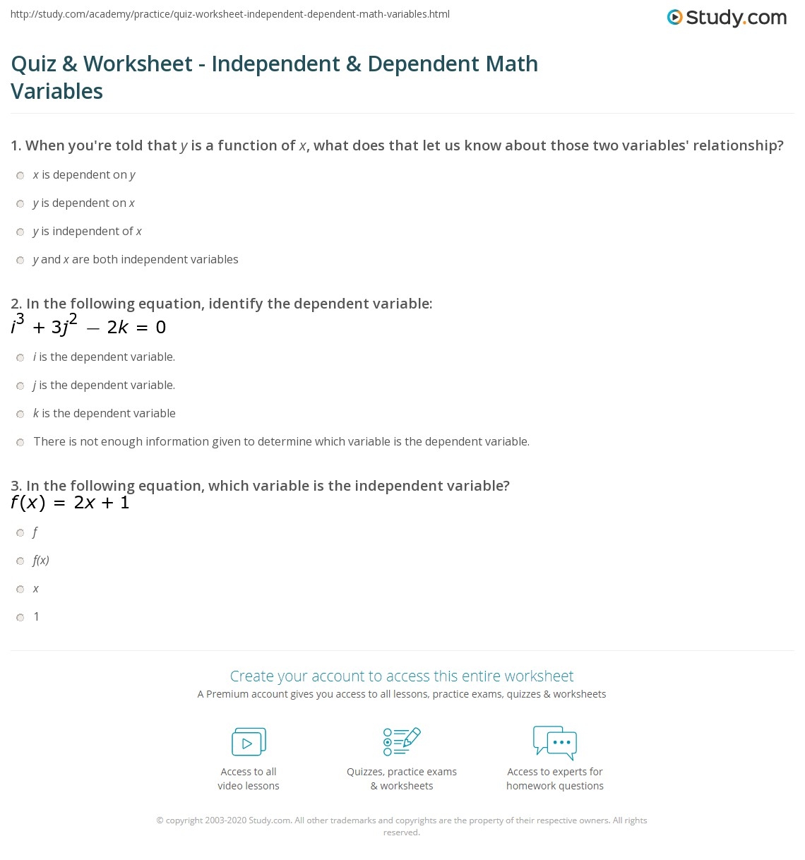 independent dependent variable math worksheet