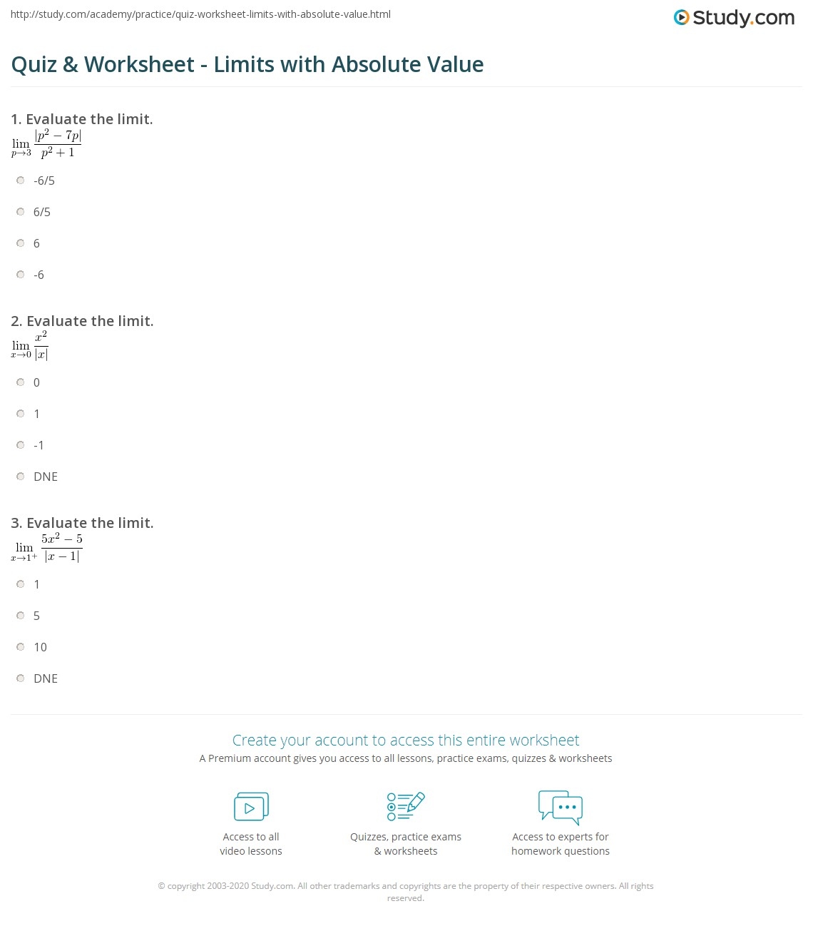 Quiz U0026 Worksheet Limits With Absolute Value Study