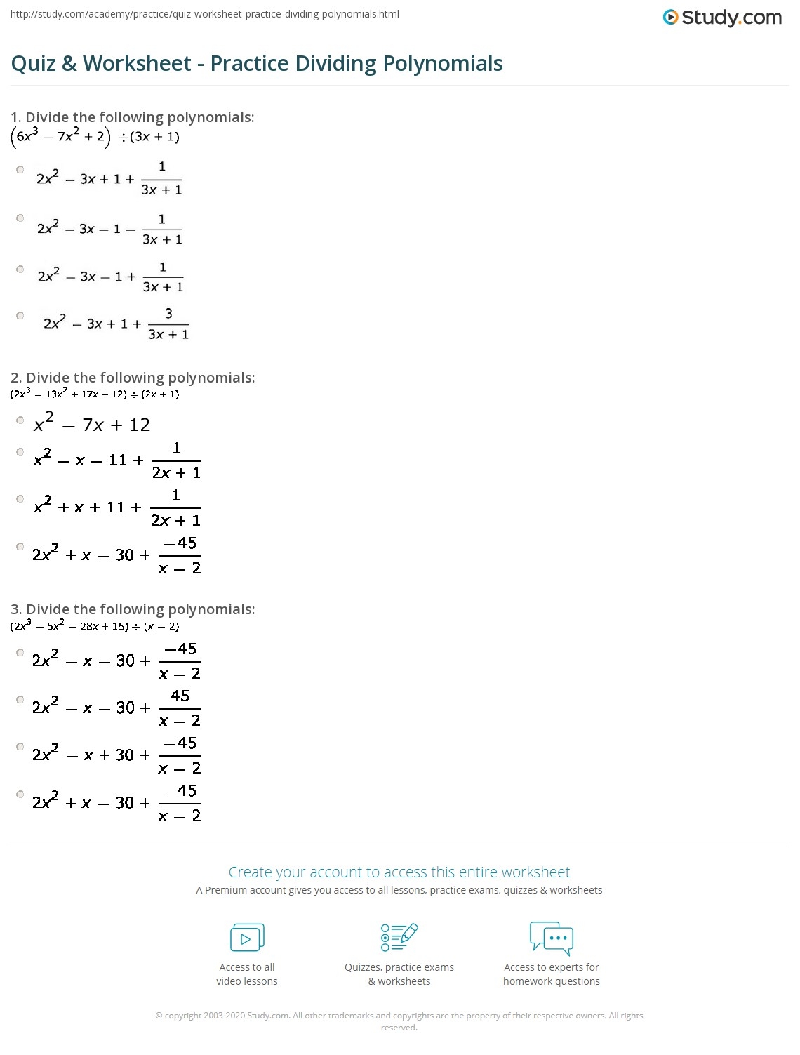 Quiz U0026 Worksheet Practice Dividing Polynomials Study 