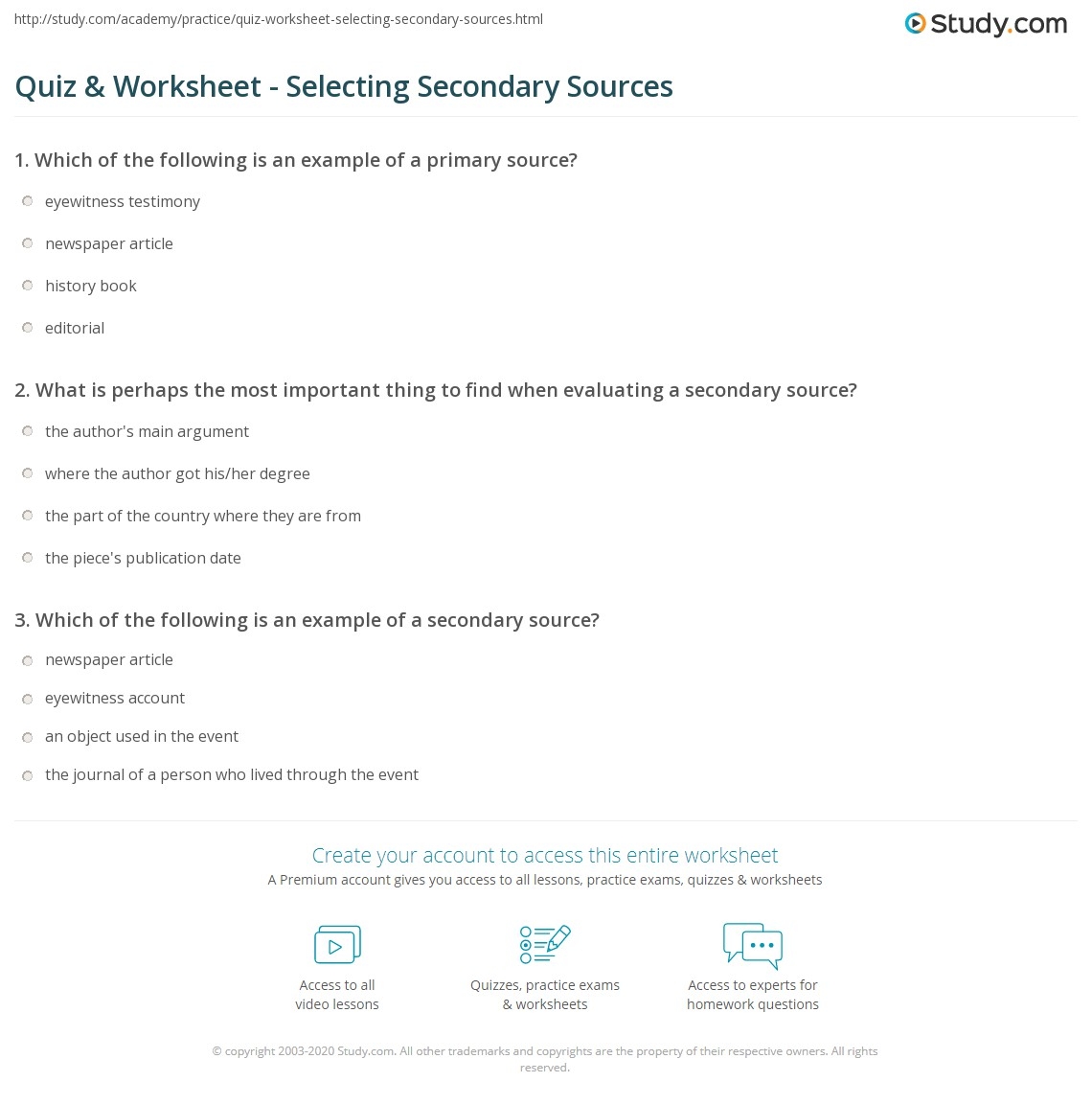 Quiz U0026 Worksheet Selecting Secondary Sources Study