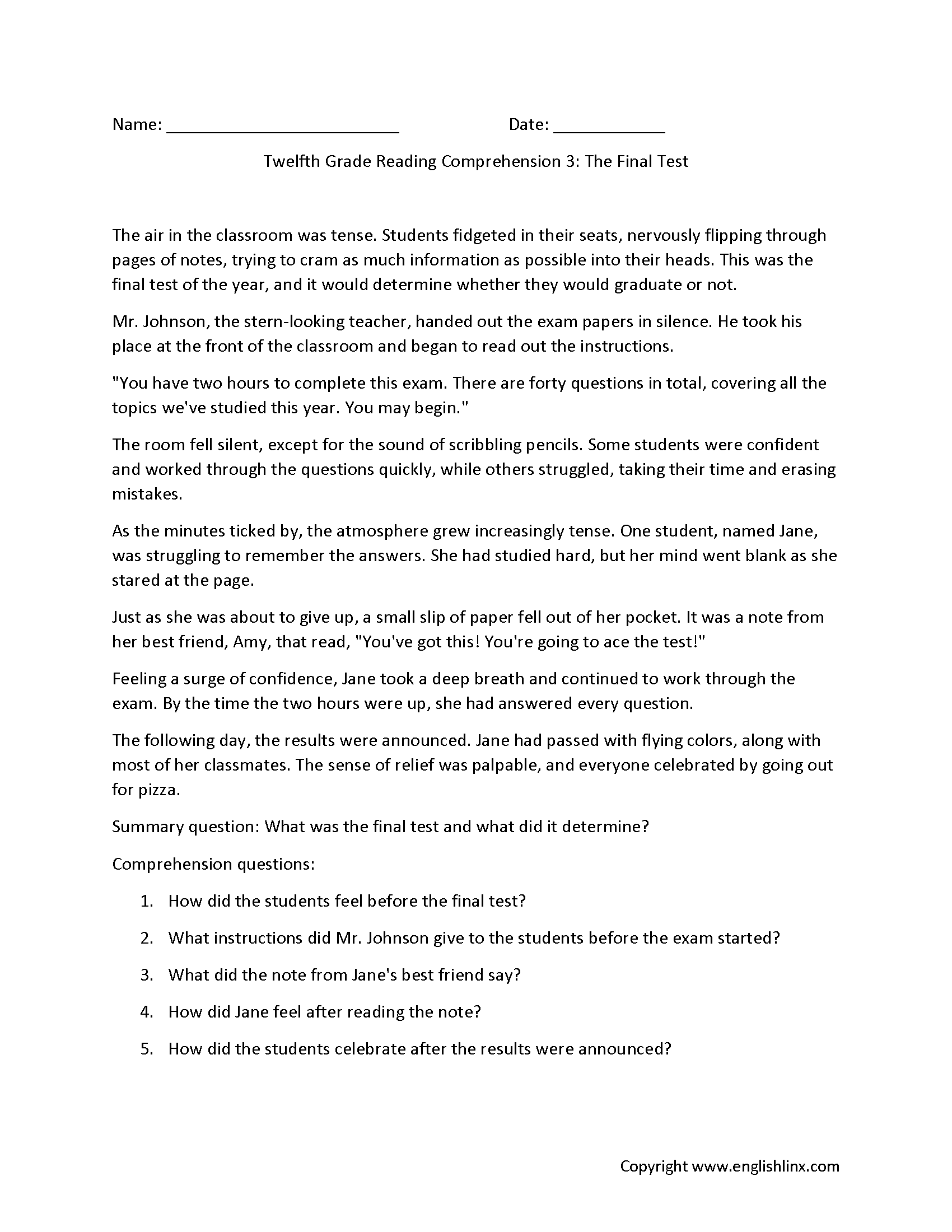 Reading Comprehension Worksheets Twelfth Grade Reading Comprehension Worksheets