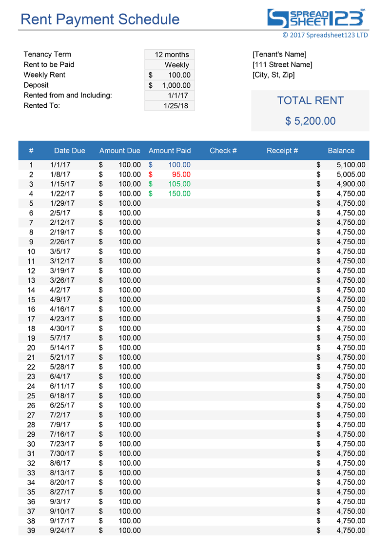 Rent Payment Schedule Template For Excel