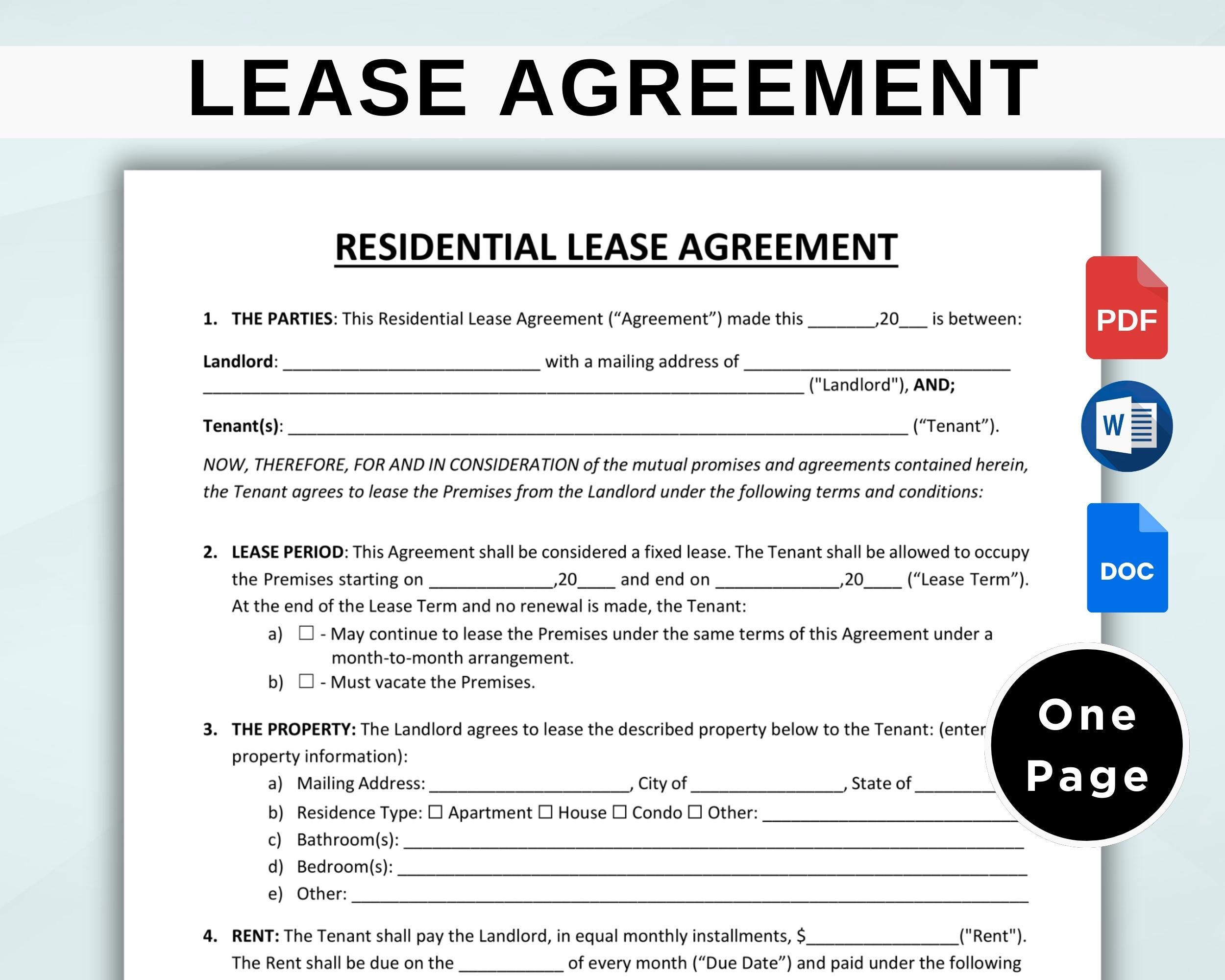 Rental Agreement Template Editable Simple One Page Lease 