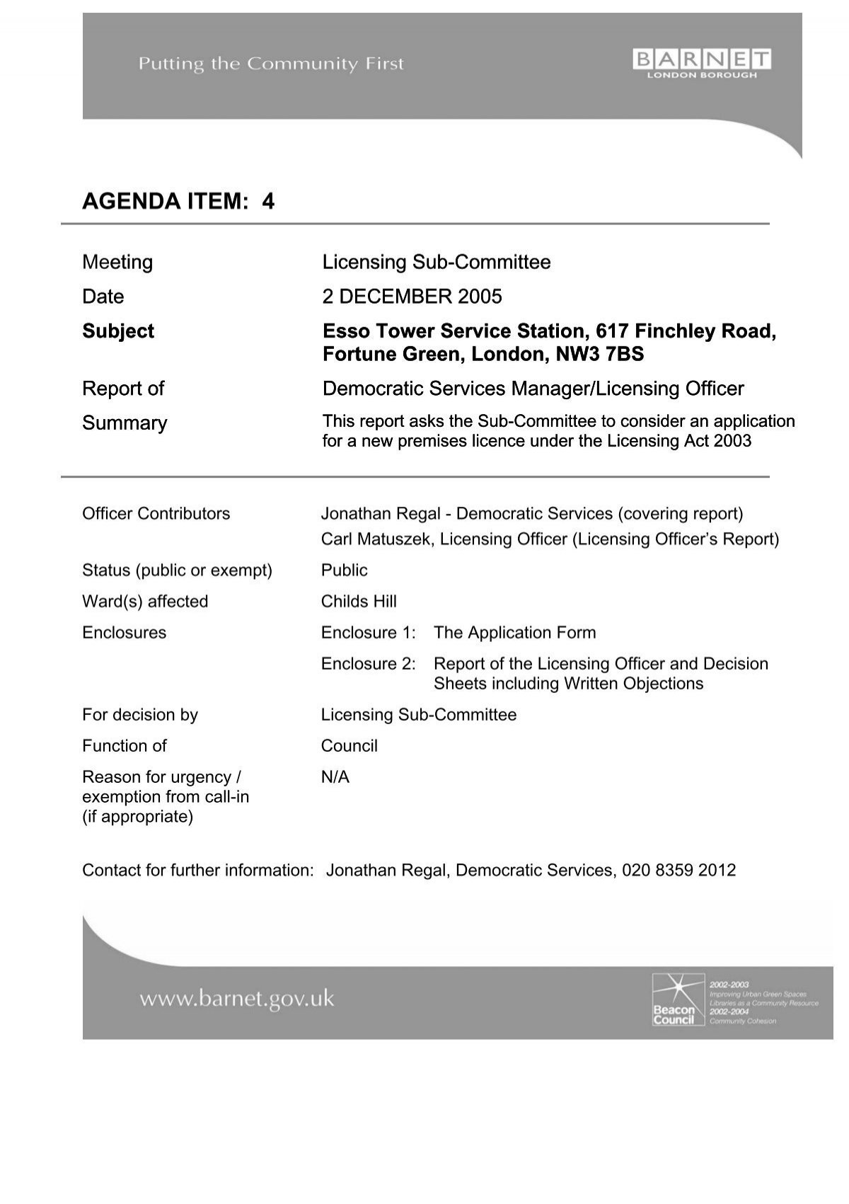 Report Of Democratic Services Manager ESSO Tower Service Station