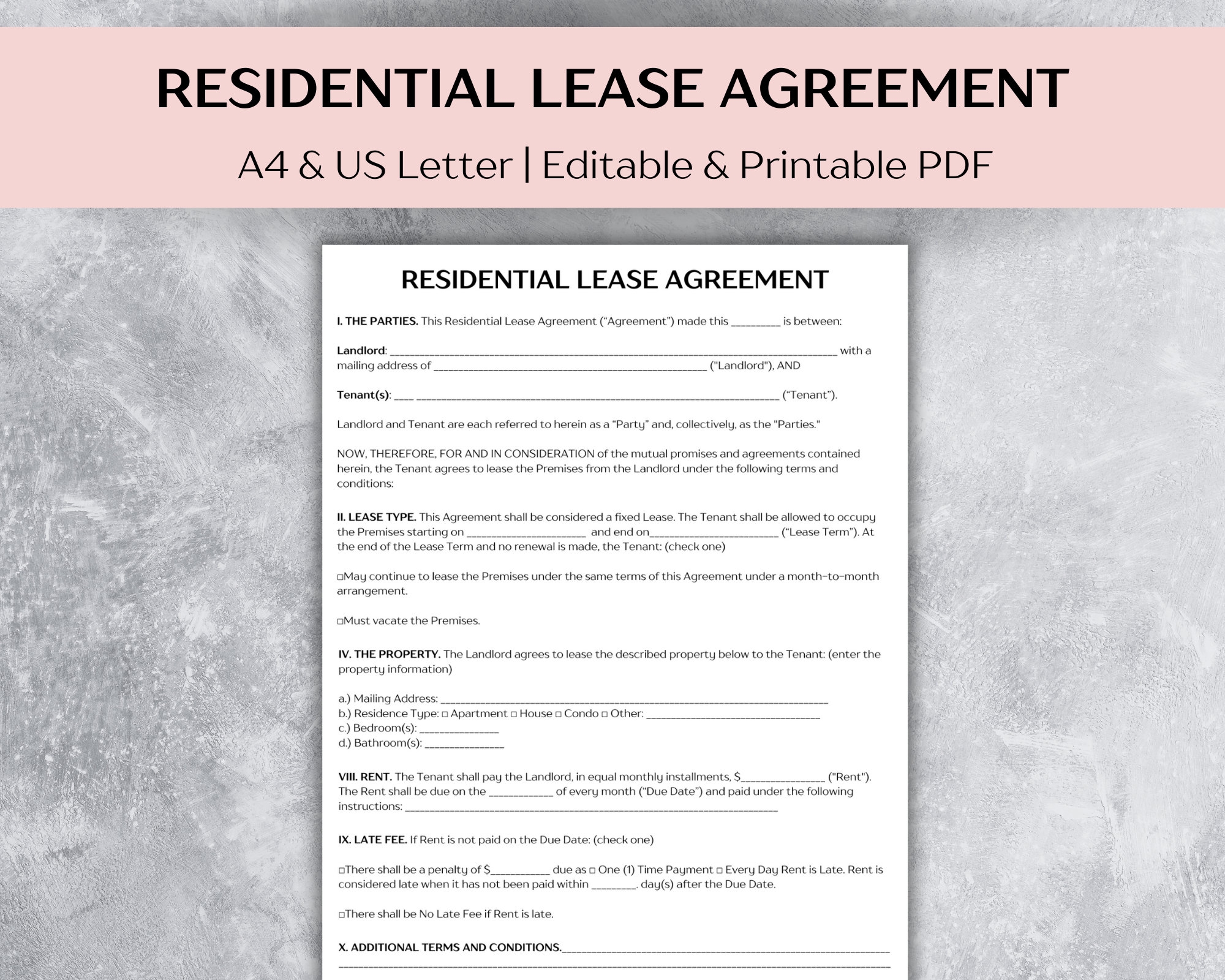 Residential Lease Agreement Template Printable Rental Agreement PDF Landlord Forms Tenant Landlord Contract Editable Rental Application Etsy