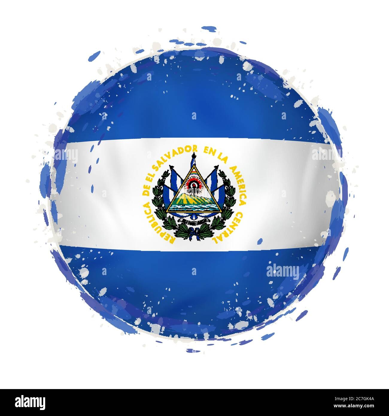 Round Grunge Flag Of El Salvador With Splashes In Flag Color 