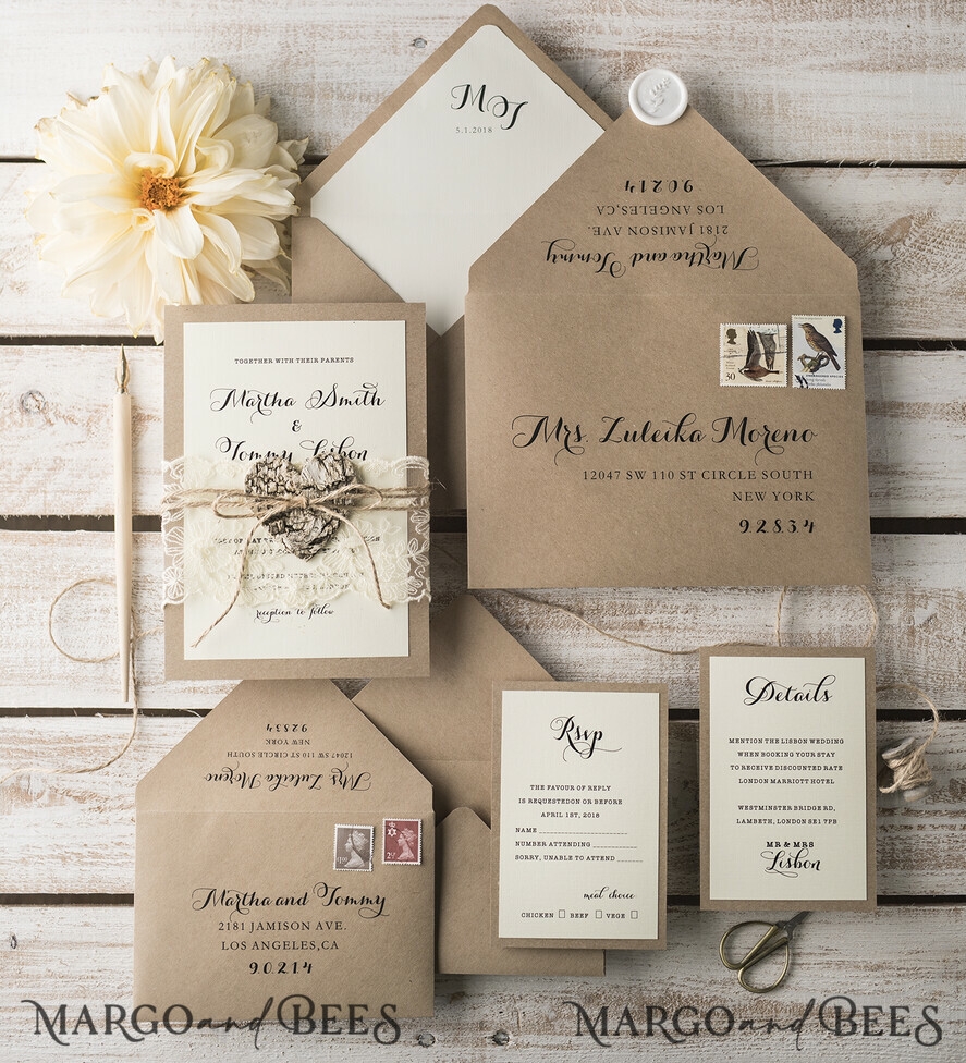 Rustic Wedding Invitations With Vintage Lace And Woden Heart Craft 
