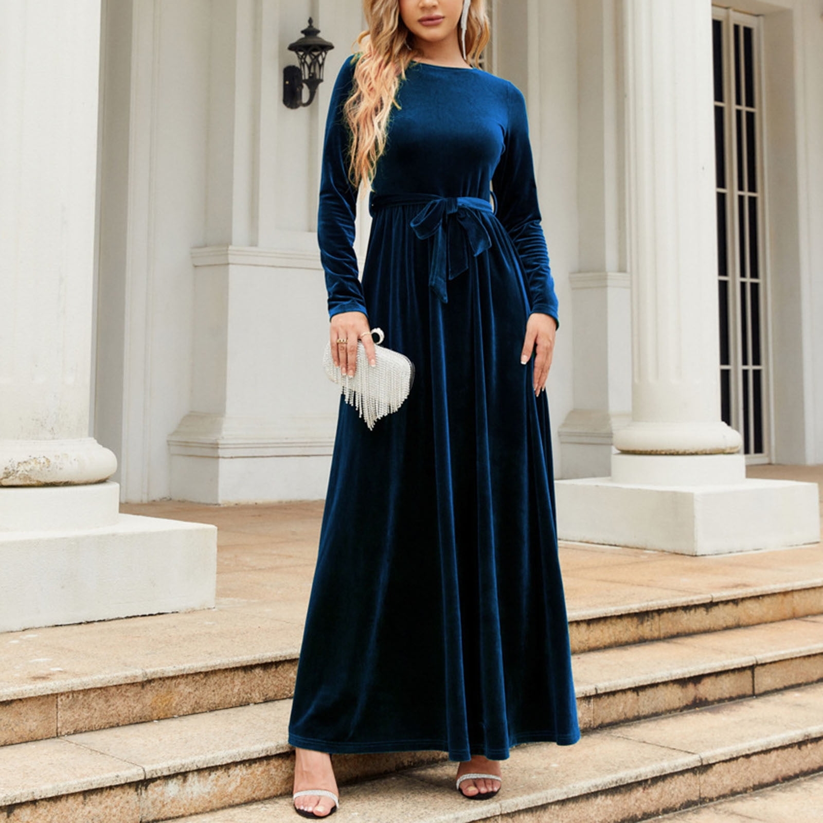 RYDCOT Evening Dresses For Women 2023 Elegant Classy Autumn And Winter Long Sleeve Crew Neck Solid Color Vintage Velvet Dress Black
