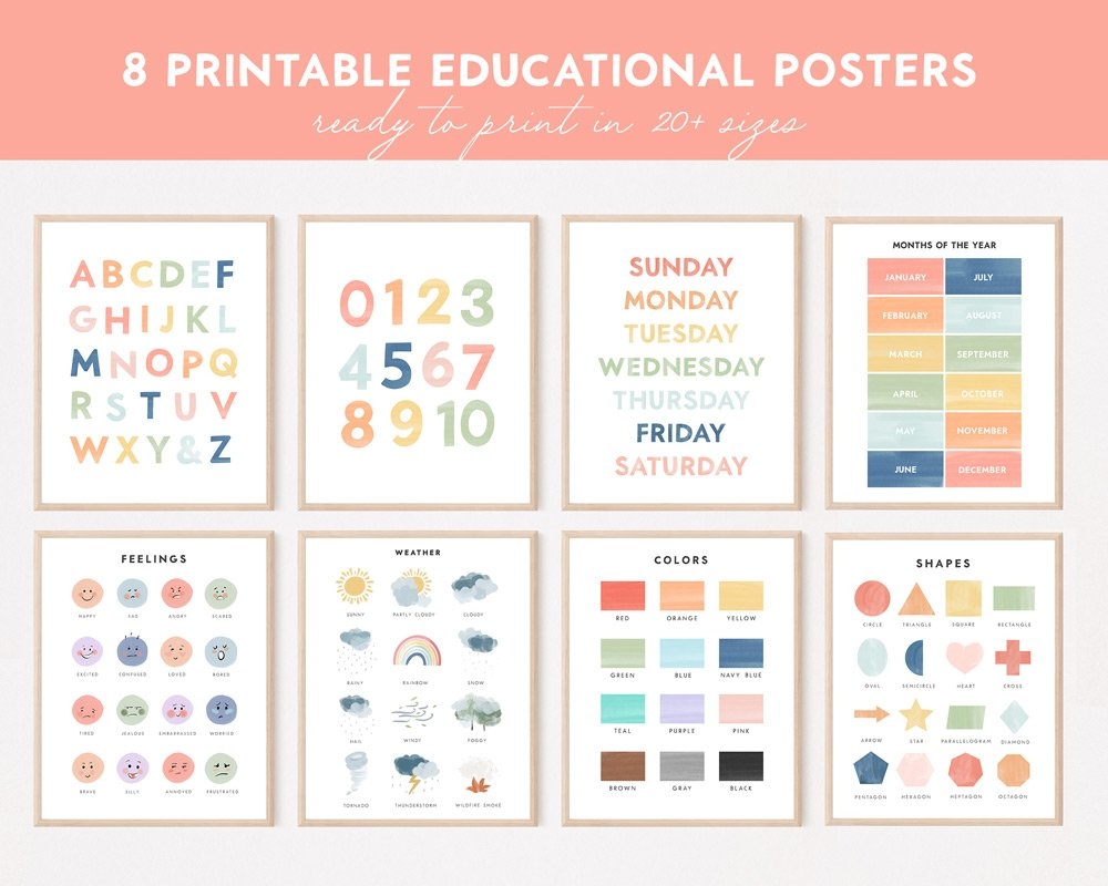 Set Of 8 Educational Posters Rainbow Montessori Classroom Decor Toddler Homeschool Prints Playroom Decor Wall Art Digital Download RNBW