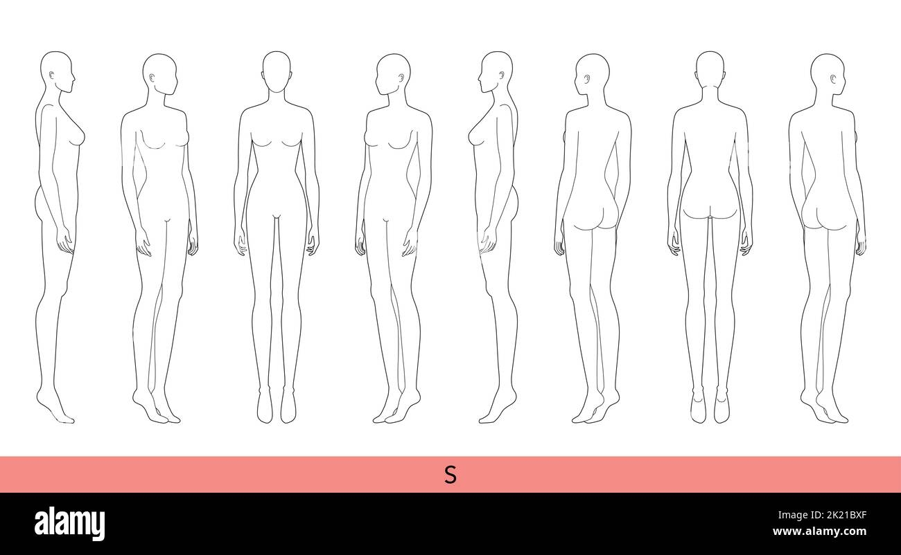 Set Of S Size Women Fashion Template 9 Head Croquis Lady Model Skinny Body Figure Front 