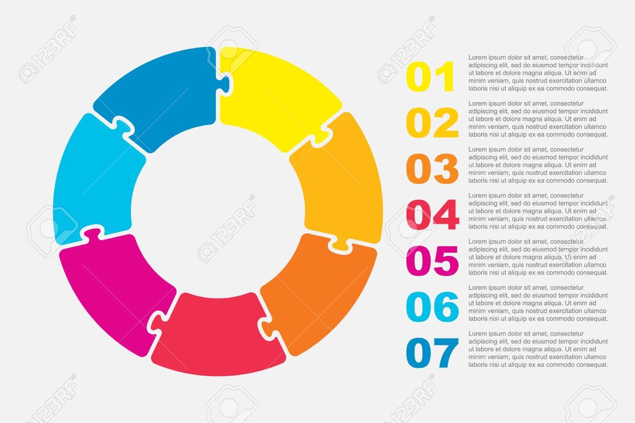 Seven Pieces Puzzle Circles Diagram Circles Business Presentation Infographic 7 Steps Parts Pieces Of Process Diagram Section Compare Banner Jigsaw Puzzle Info Graphic Marketing Strategy Royalty Free SVG Cliparts Vectors And Stock