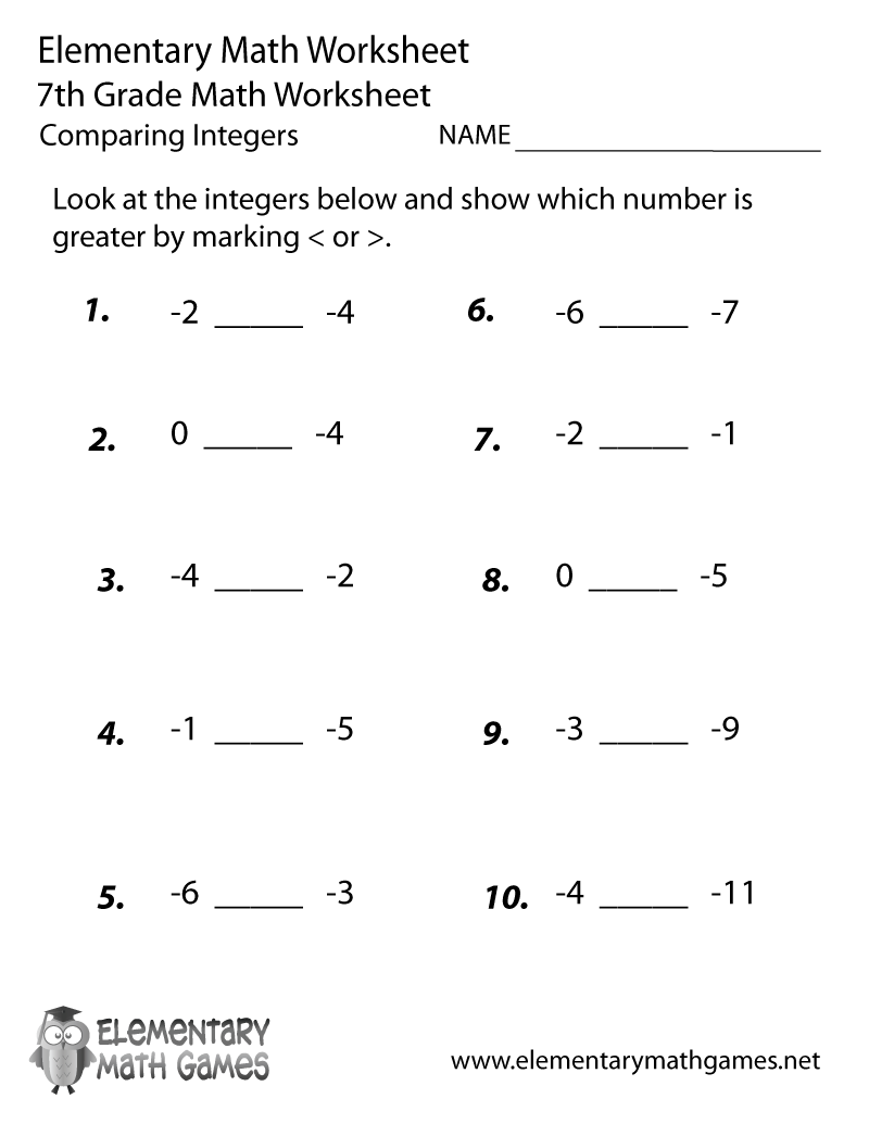integers worksheet
