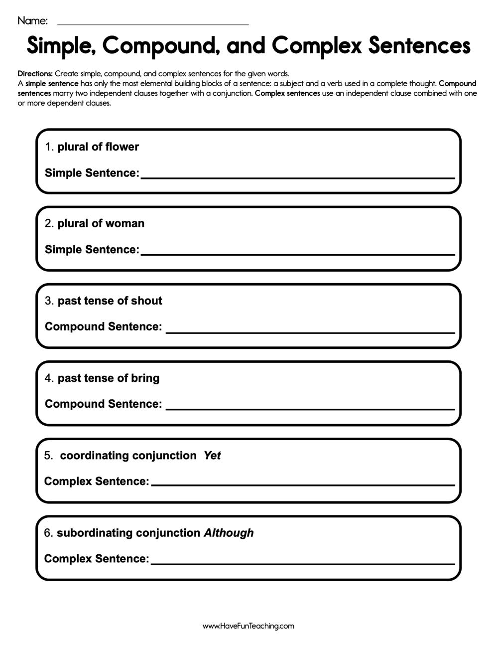compound sentence worksheet