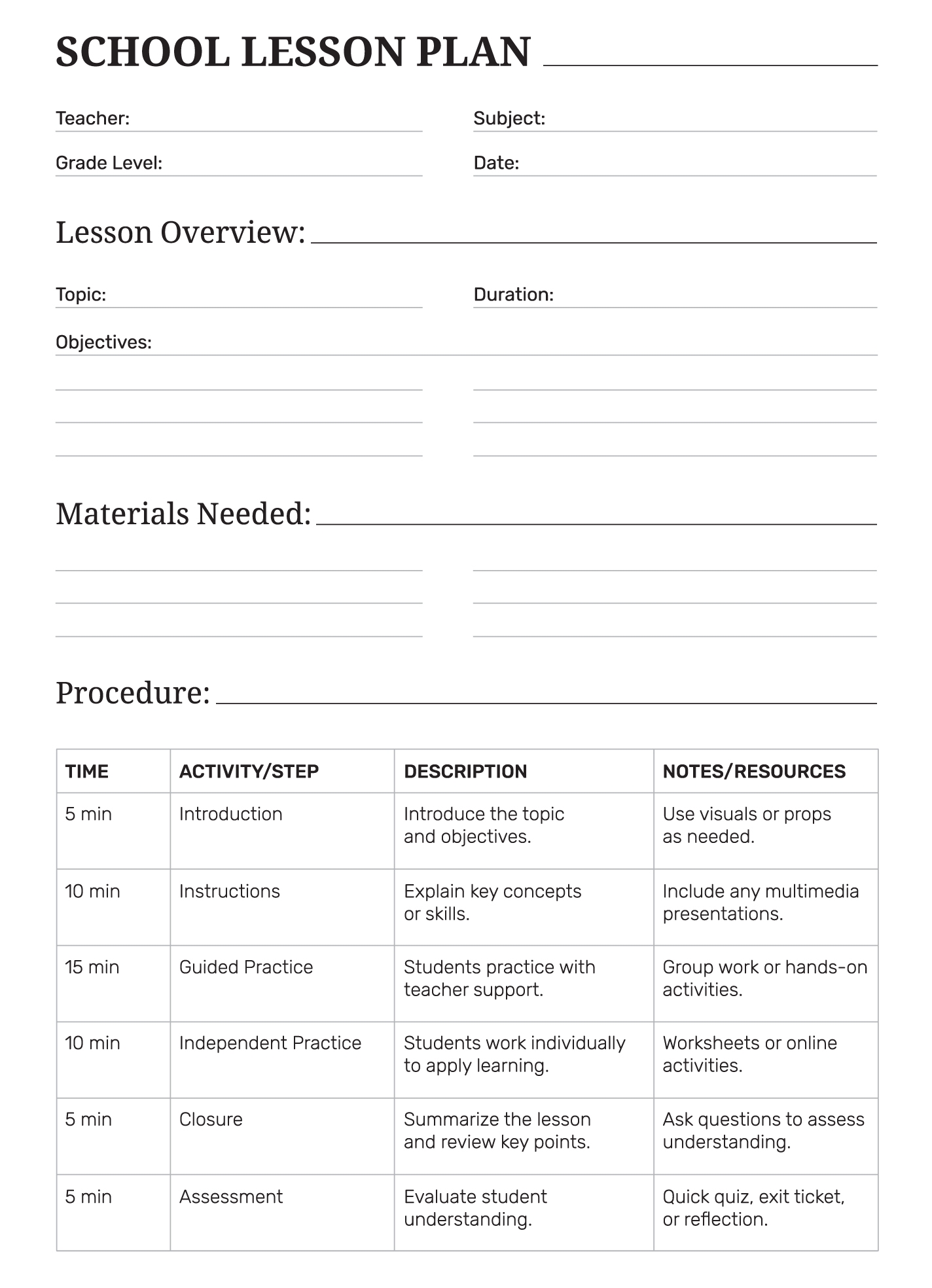 Simple School Lesson Plan Free Google Docs Template Gdoc io