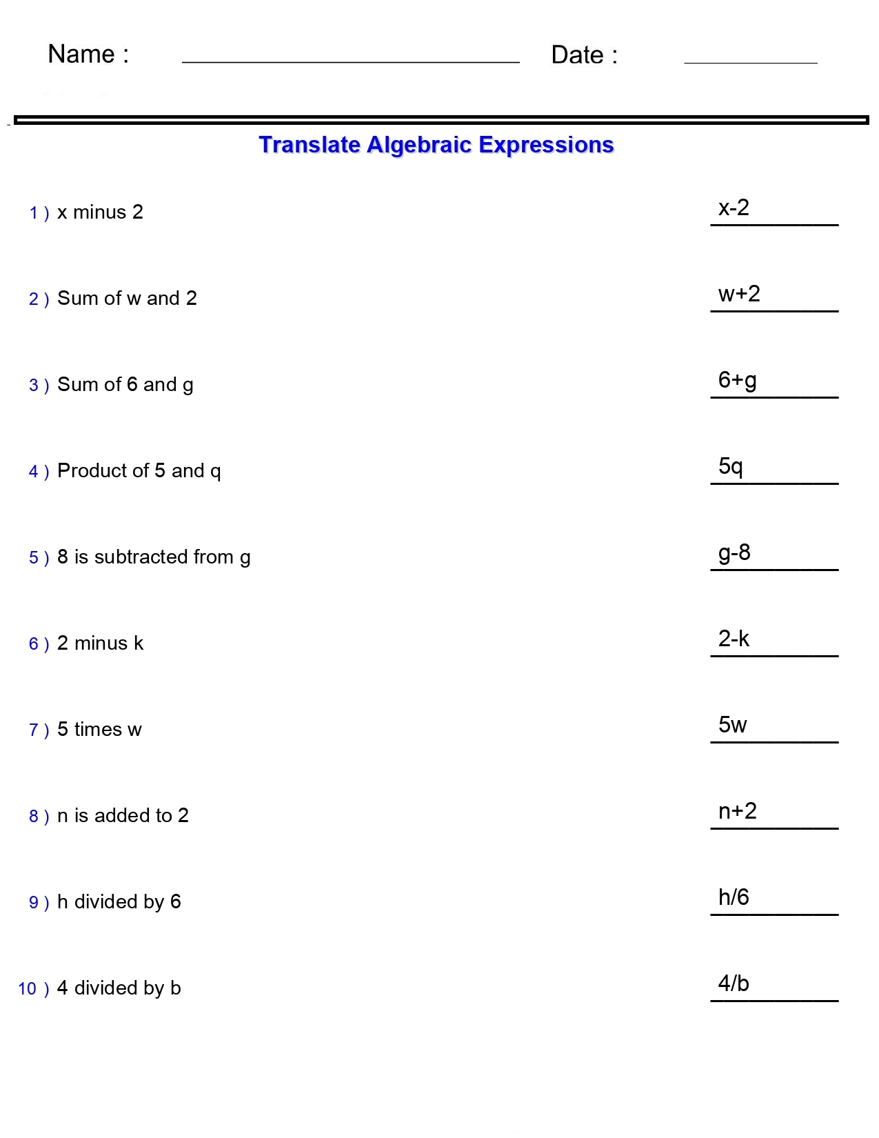 Simplifying Algebraic Expressions Original Worksheet No