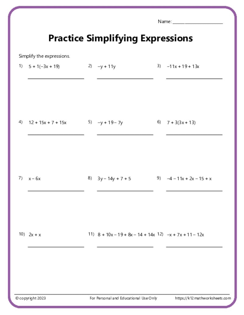 Simplifying Expressions Worksheets K12 Math Worksheets