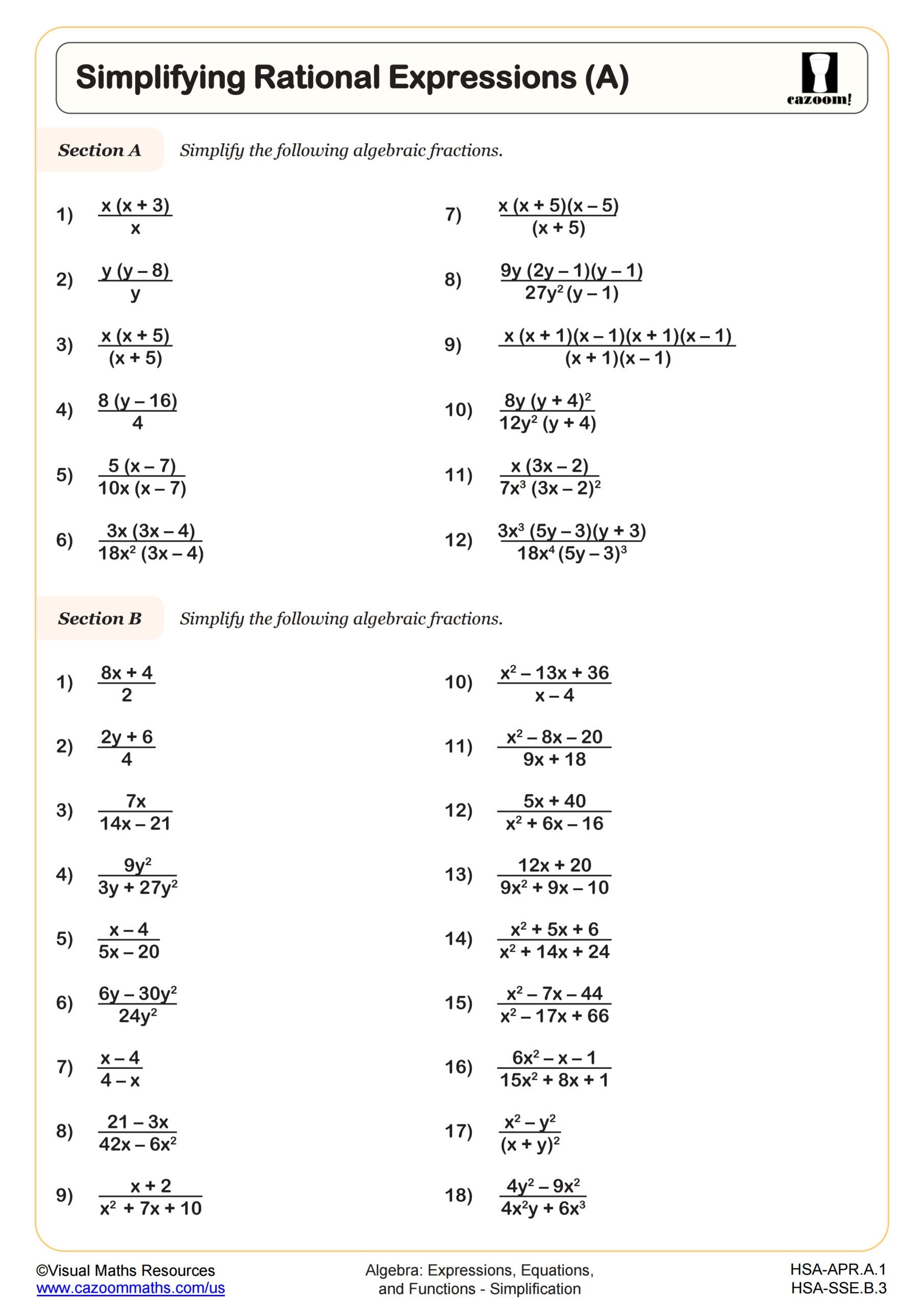 algebraic expressions simplify worksheets