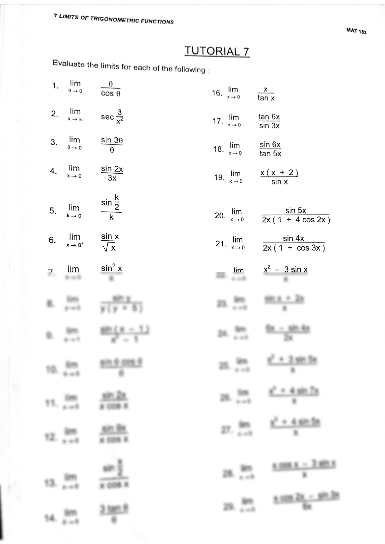 SOLUTION Limits Of Trigonometry Function Worksheet Studypool Worksheets Library