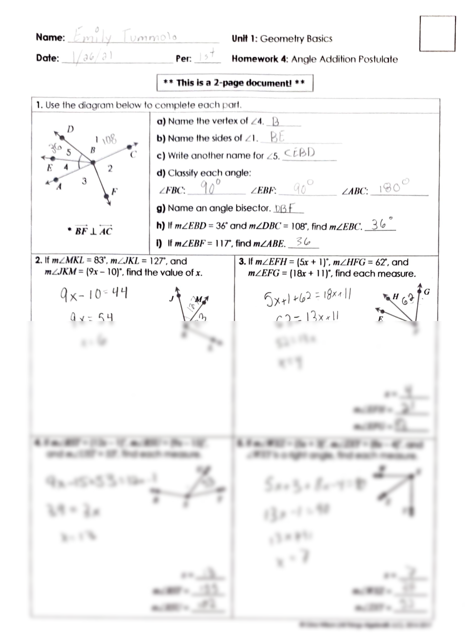 SOLUTION Unit 1 Angle Addition Postulate Geometry Basics Worksheets Library