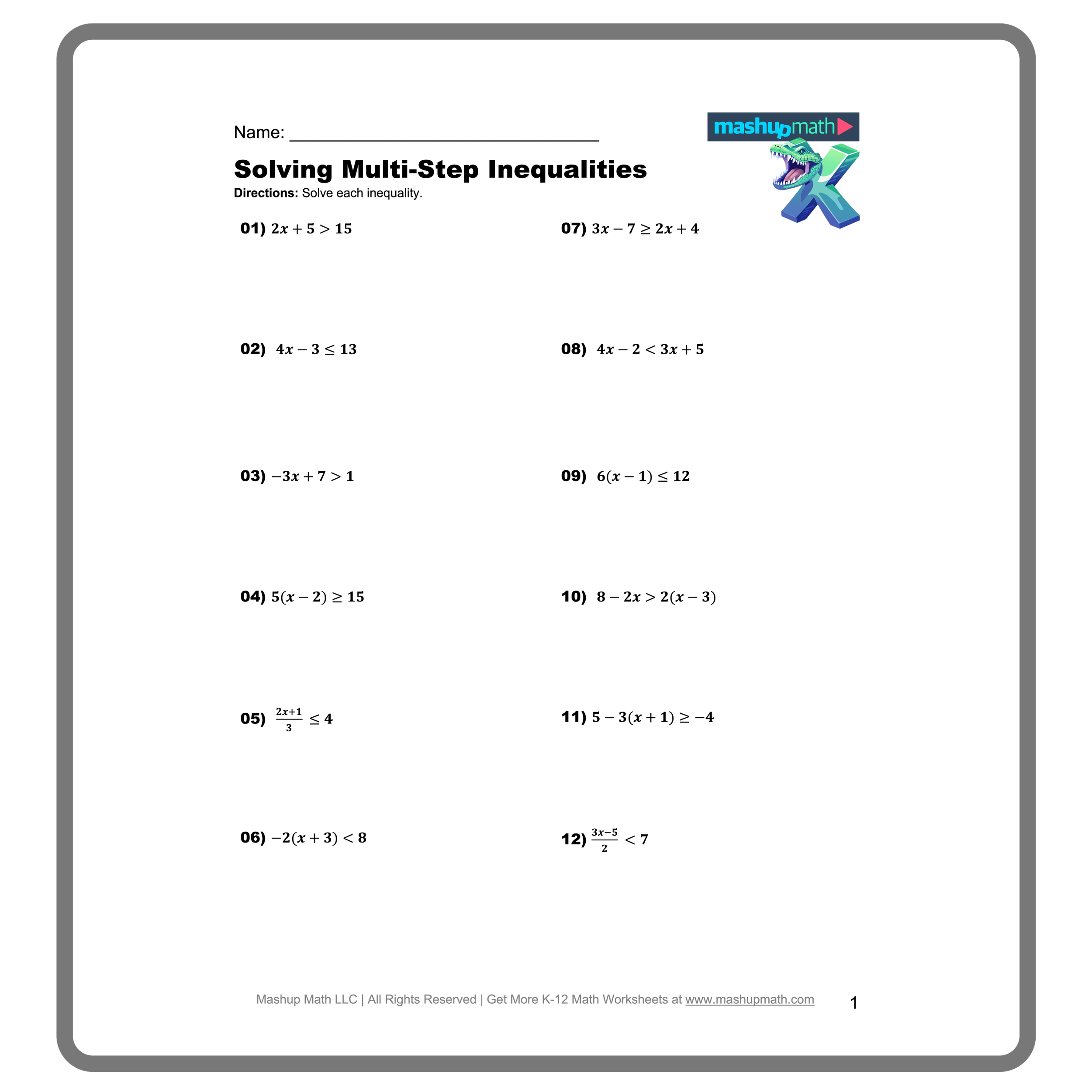 multi step inequalities worksheet