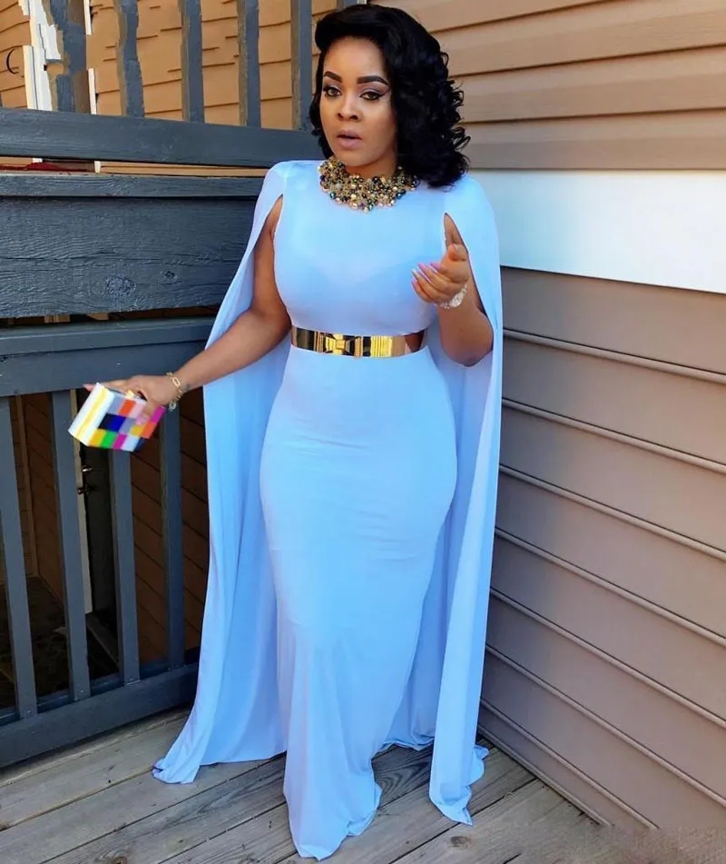 South African Style Sheath Cheap Formal Gowns Light Blue Cape 