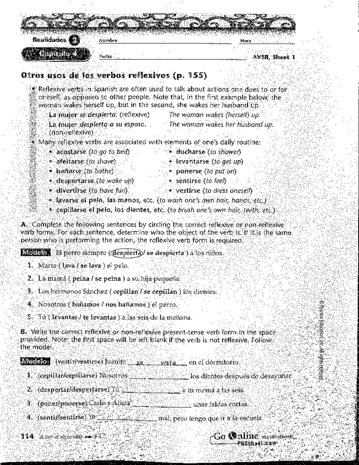 SPA2 Otros usus de verbos reflexivos p A COK Exa COO Room Realidades 3 Nombre Hora Capitulo 4 Studocu