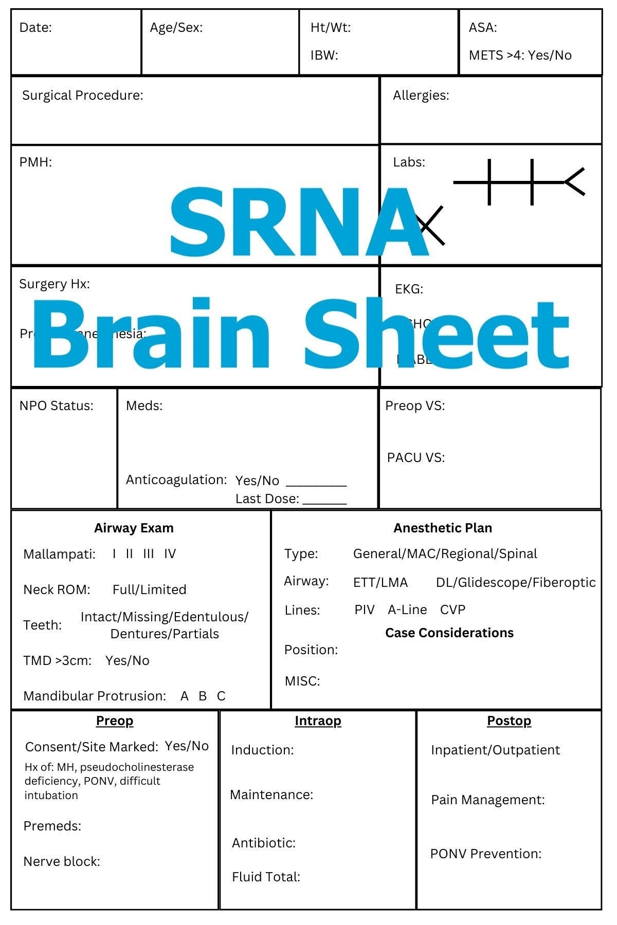 SRNA Anesthesia Brain Sheet 4x6in Etsy