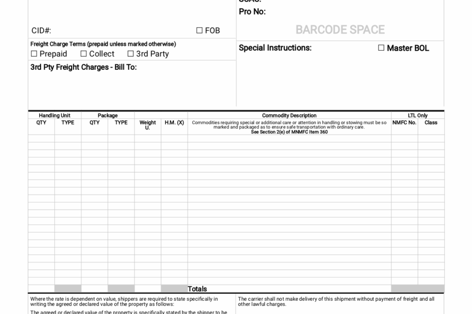 Straight Bill Of Lading Printable Template